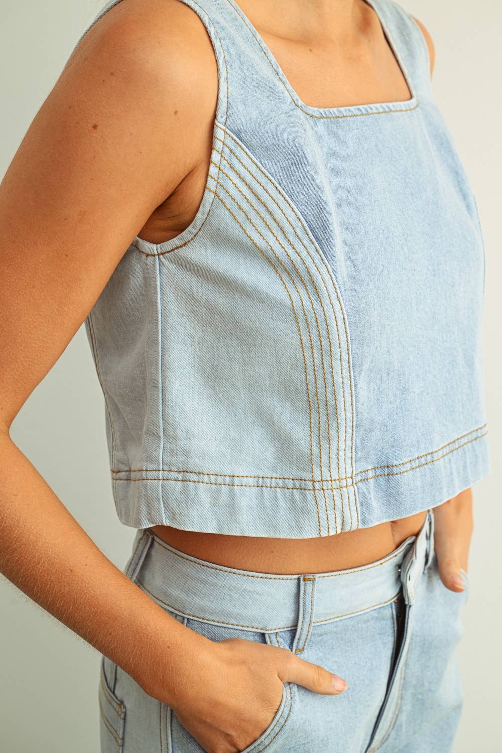 Denim Color Blocked Top: