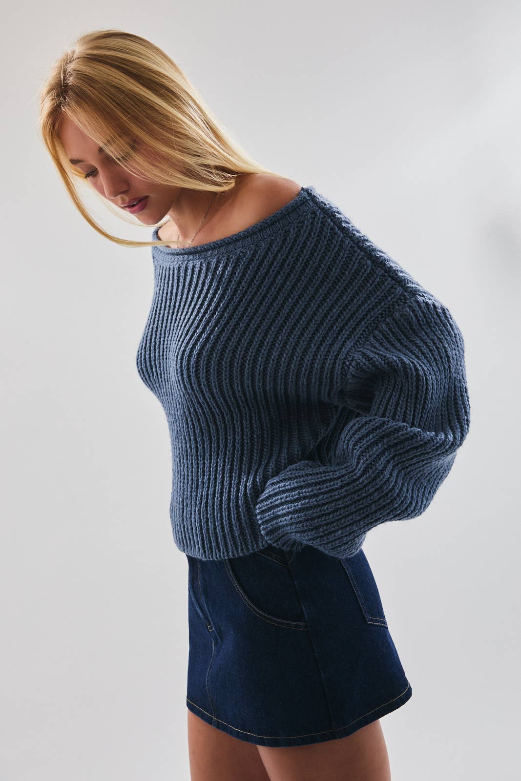 Boat Neck Chunky Sweater: Dusty Blue