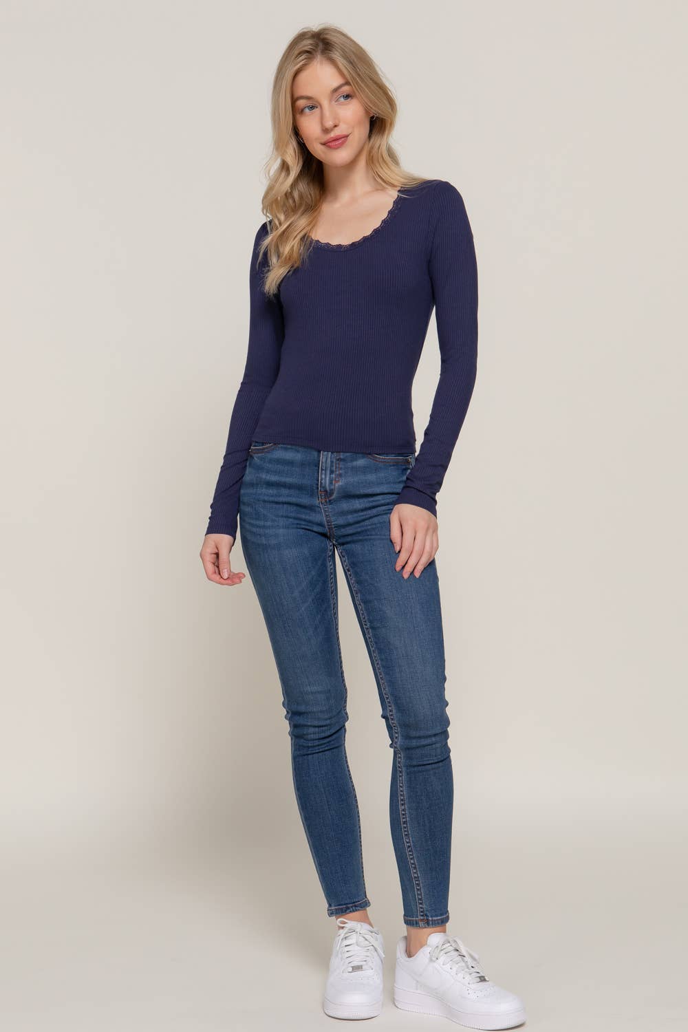Lace Trim Rib Knit Top: Navy