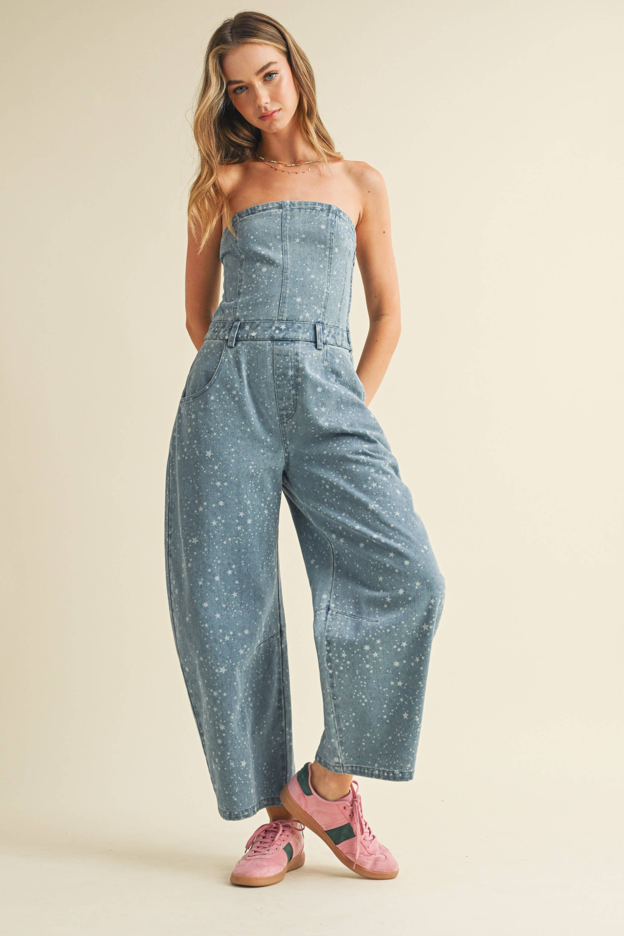 Star Print Barrel Jumpsuit: Denim