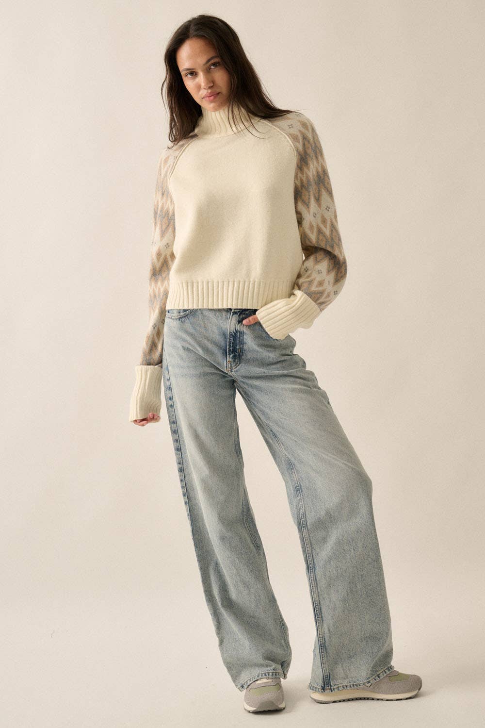 Knit Geo-Print Sweater: Cream