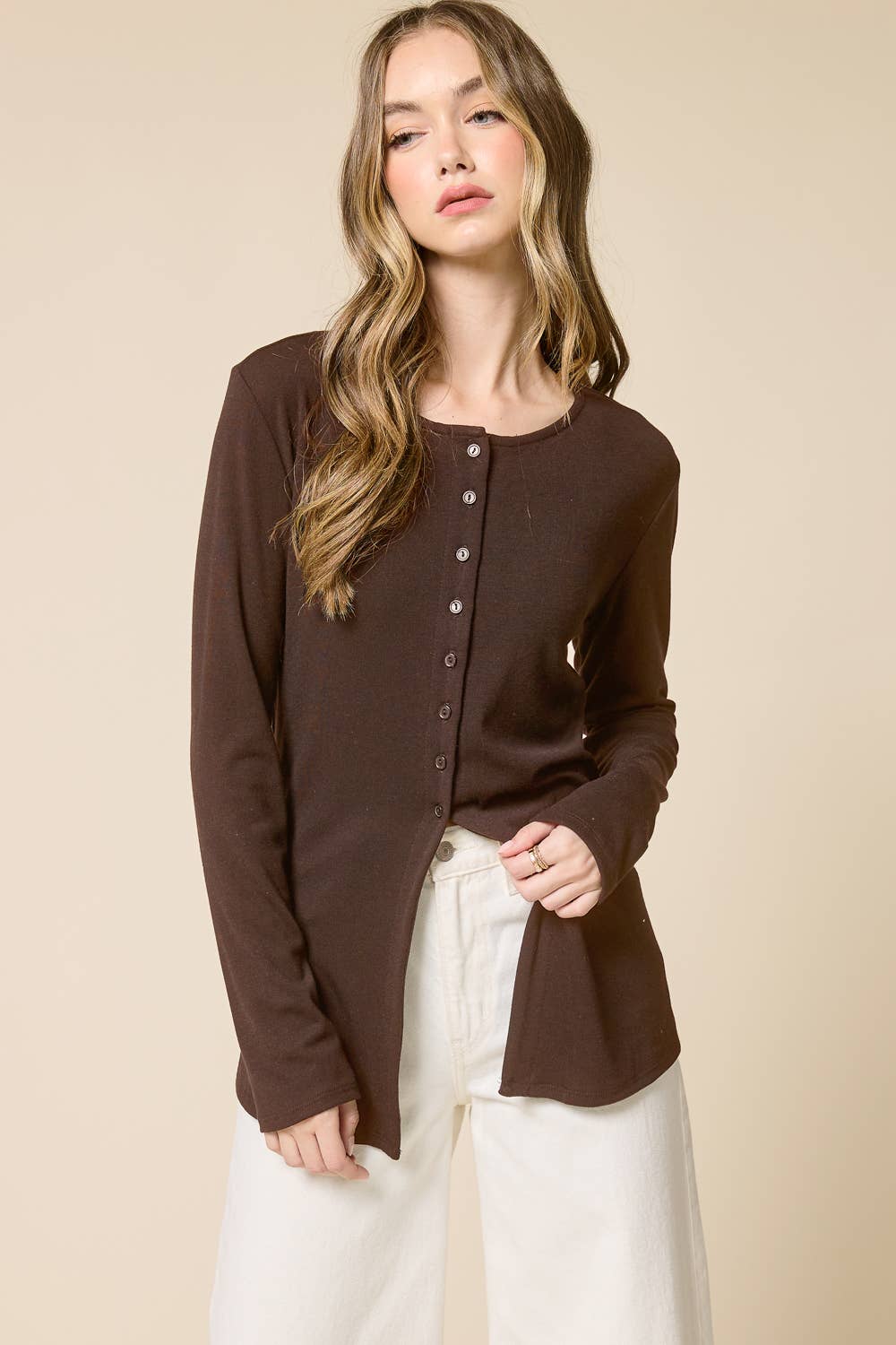 Elongated Hemline Cardigan: Brown