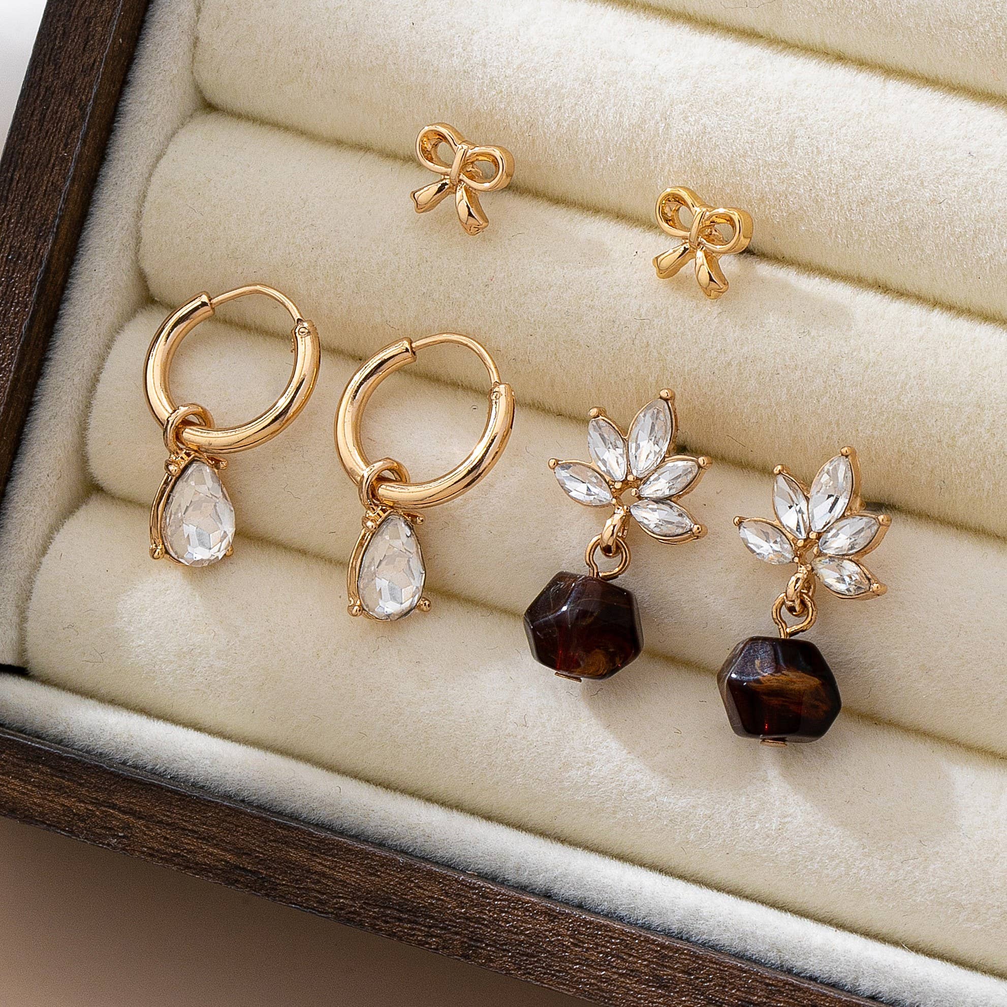 Trio Floral & Drop Earring Set: Gold