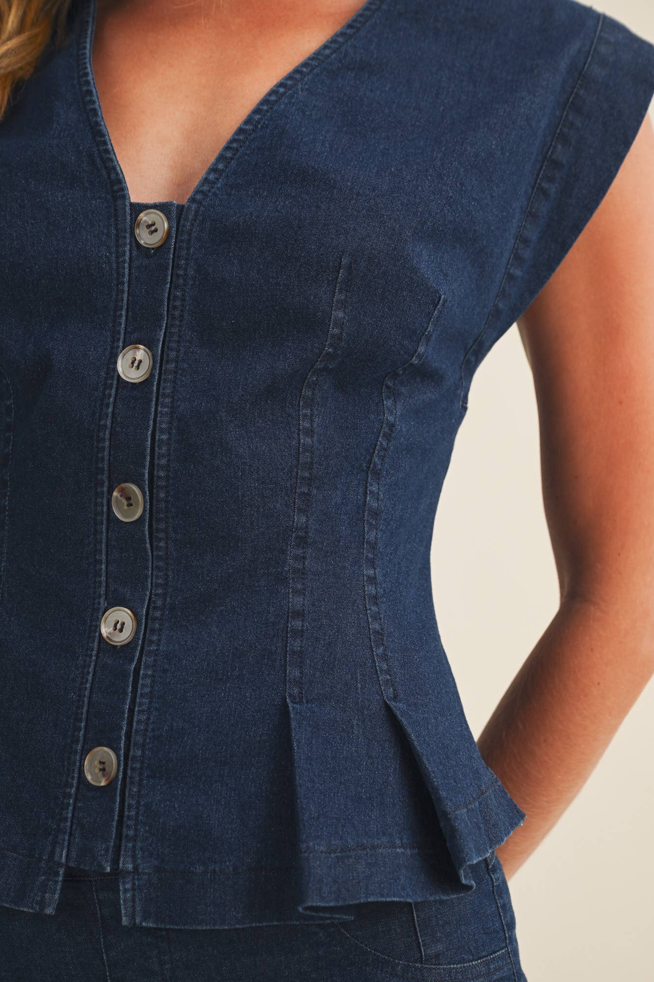 Corset-Seam Peplum Top: Indigo