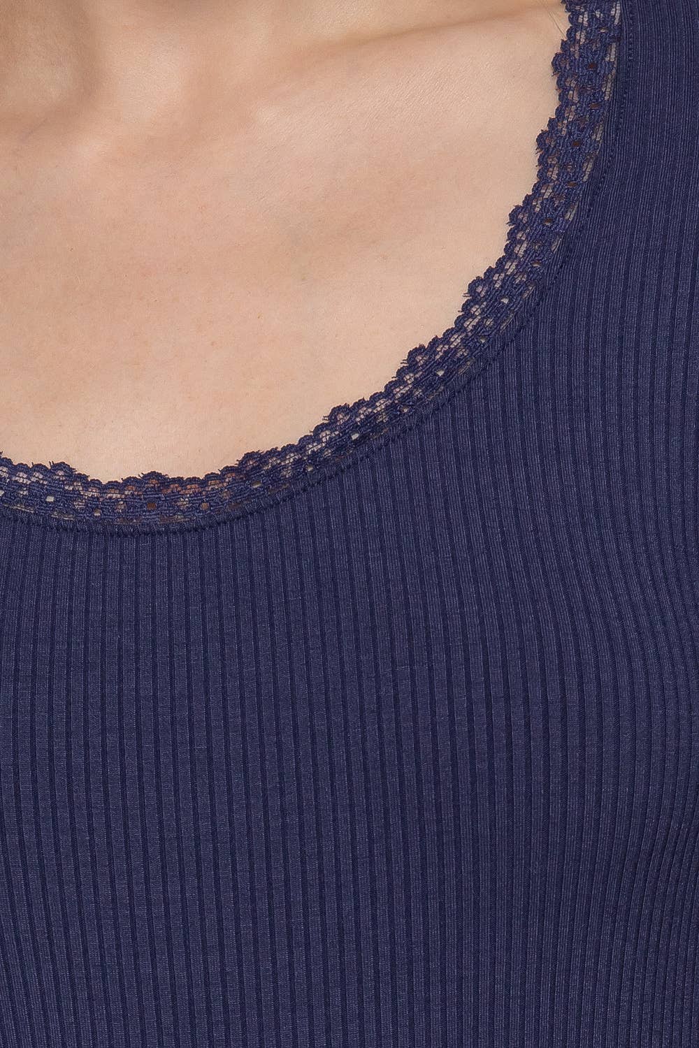 Lace Trim Rib Knit Top: Navy