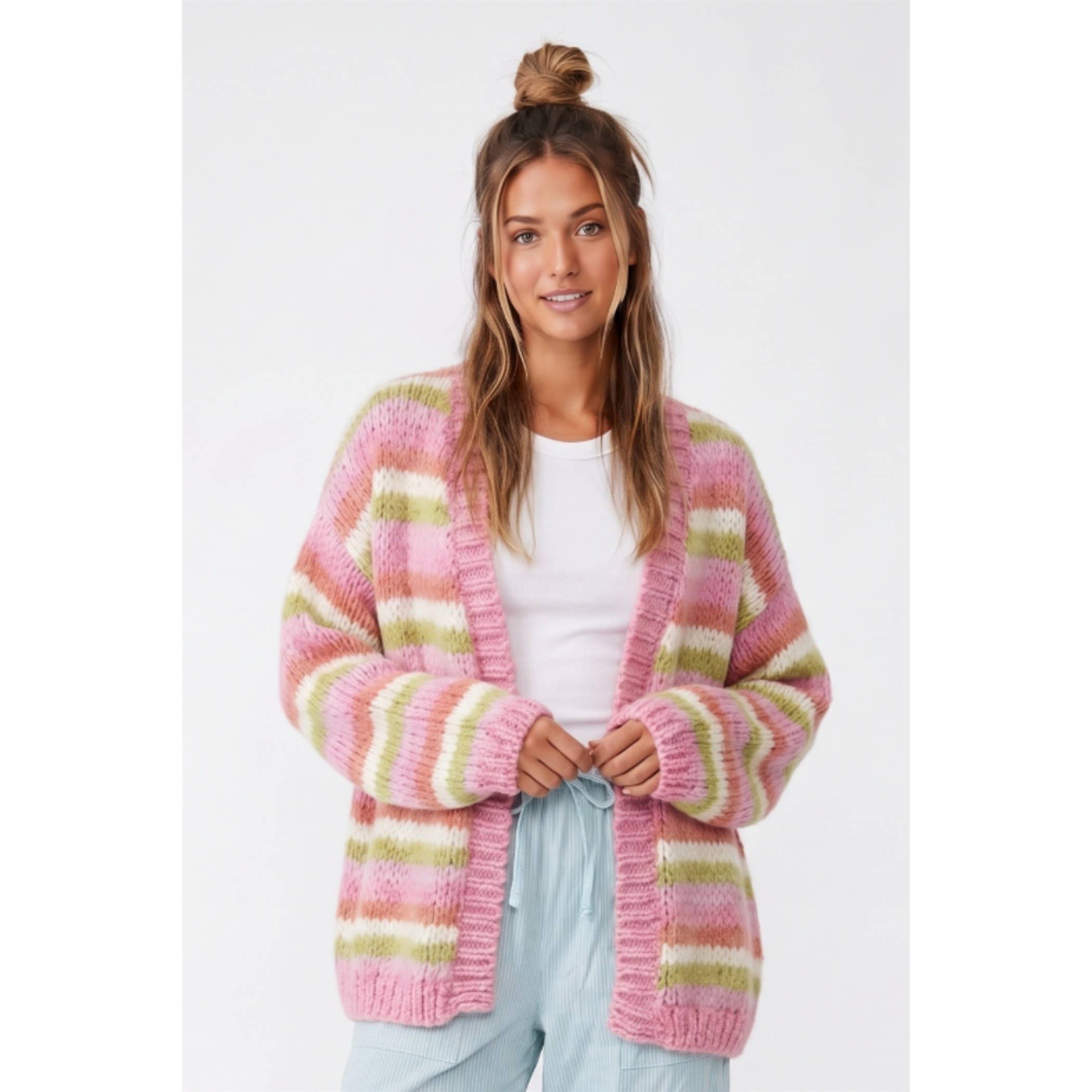 Stripe Open Cardigan: Rose