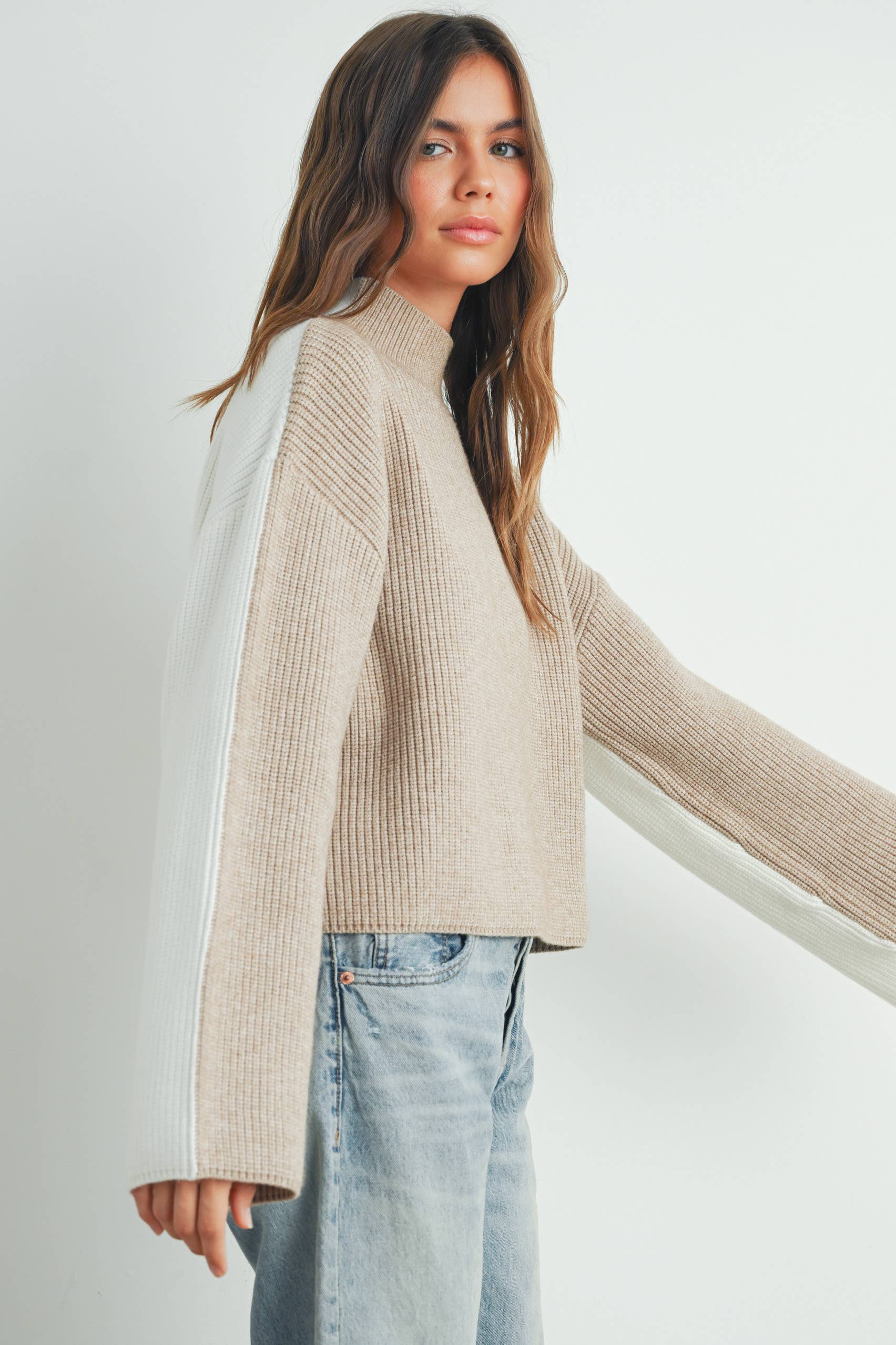 Two-Toned Turtleneck:Taupe/Ivory