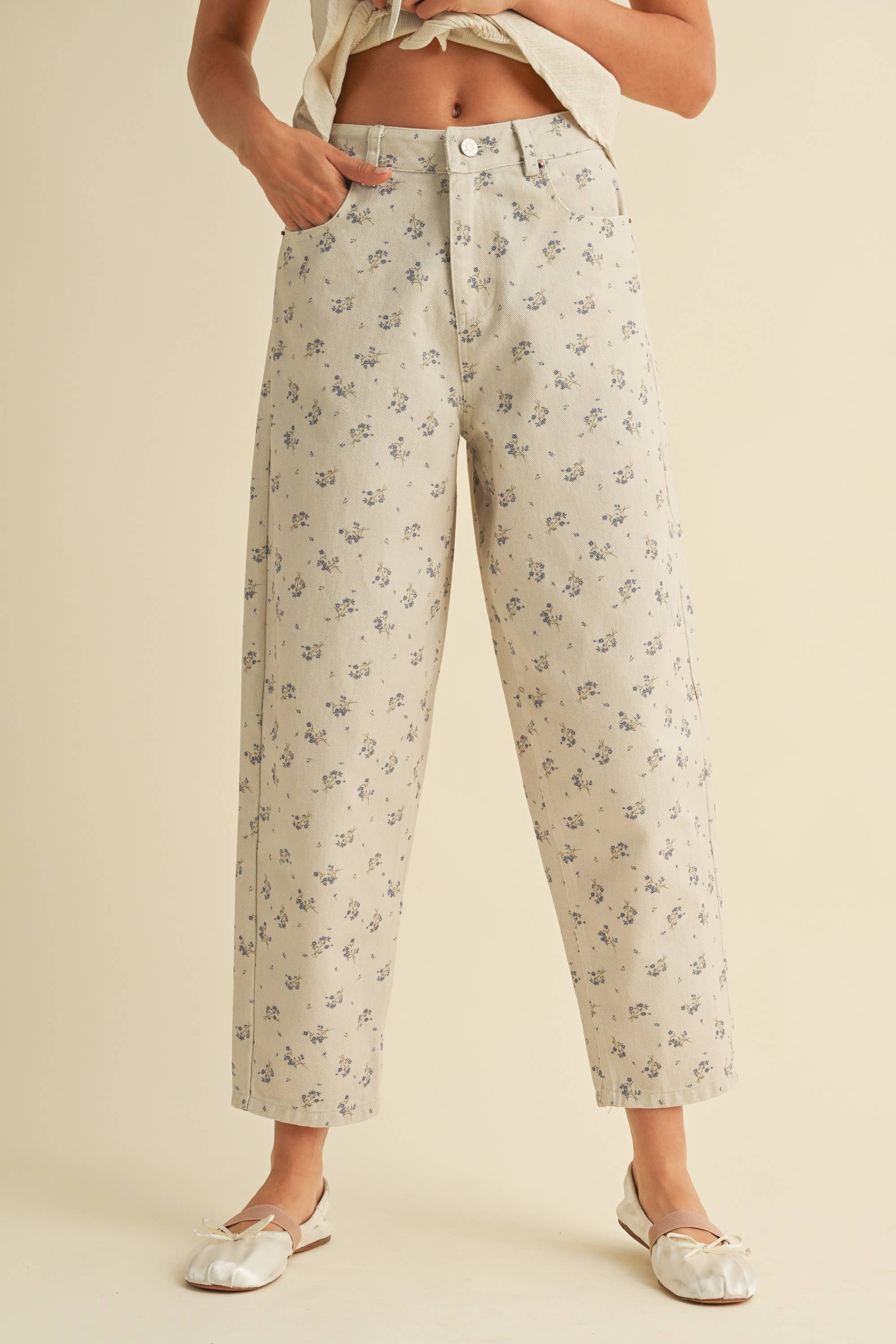 Floral Denim Pants: Cream