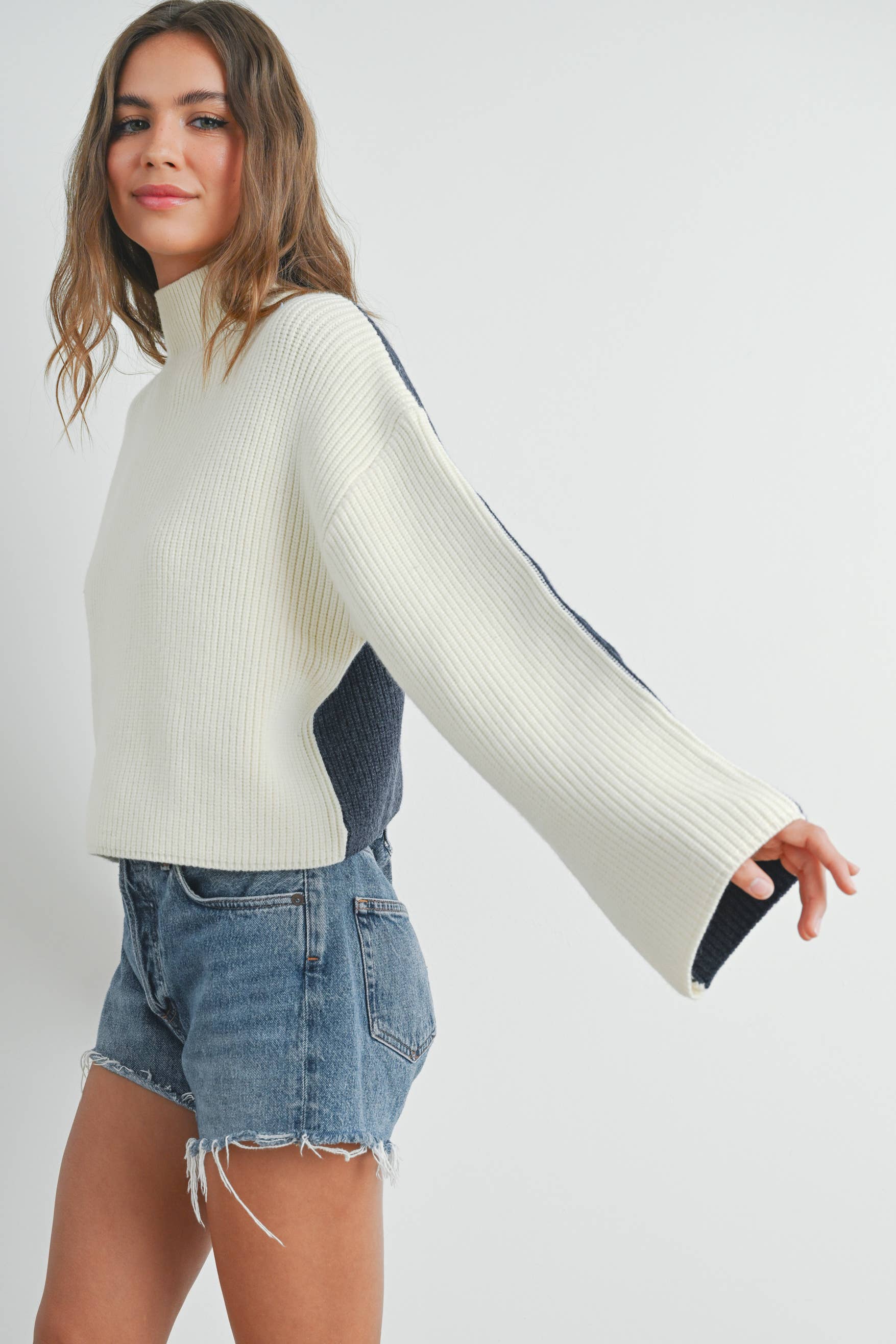 Two-Toned Turtleneck:Ivory/Blue