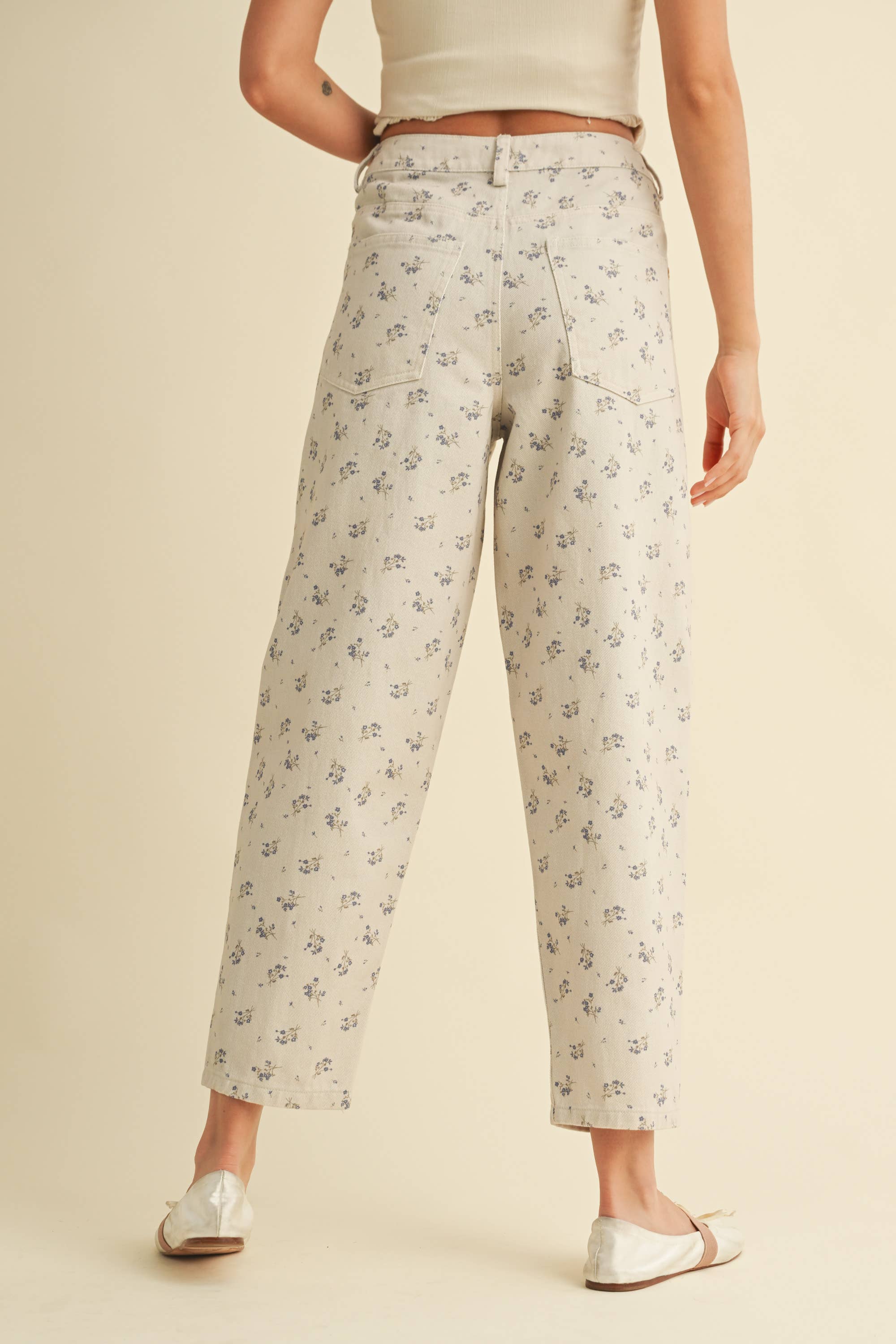 Floral Denim Pants: Cream