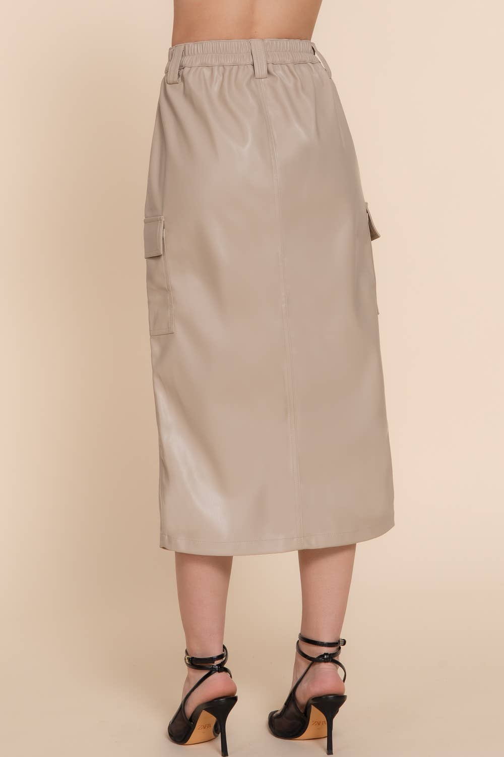 Faux Leather Cargo Skirt: Dk. Beige