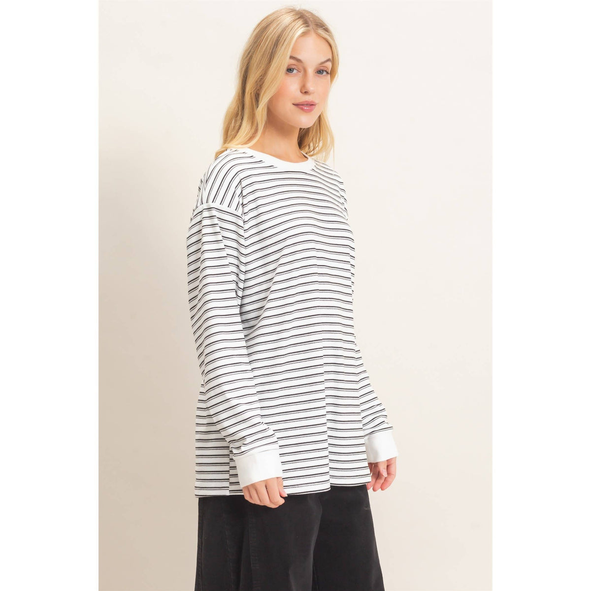 Striped Crew Neck Top: White