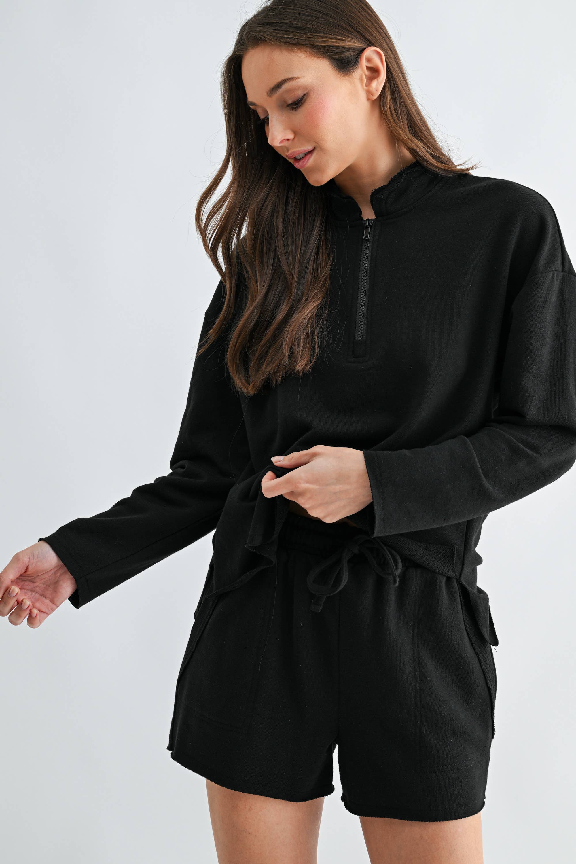 Raw Edge Half-Zip Set: Black