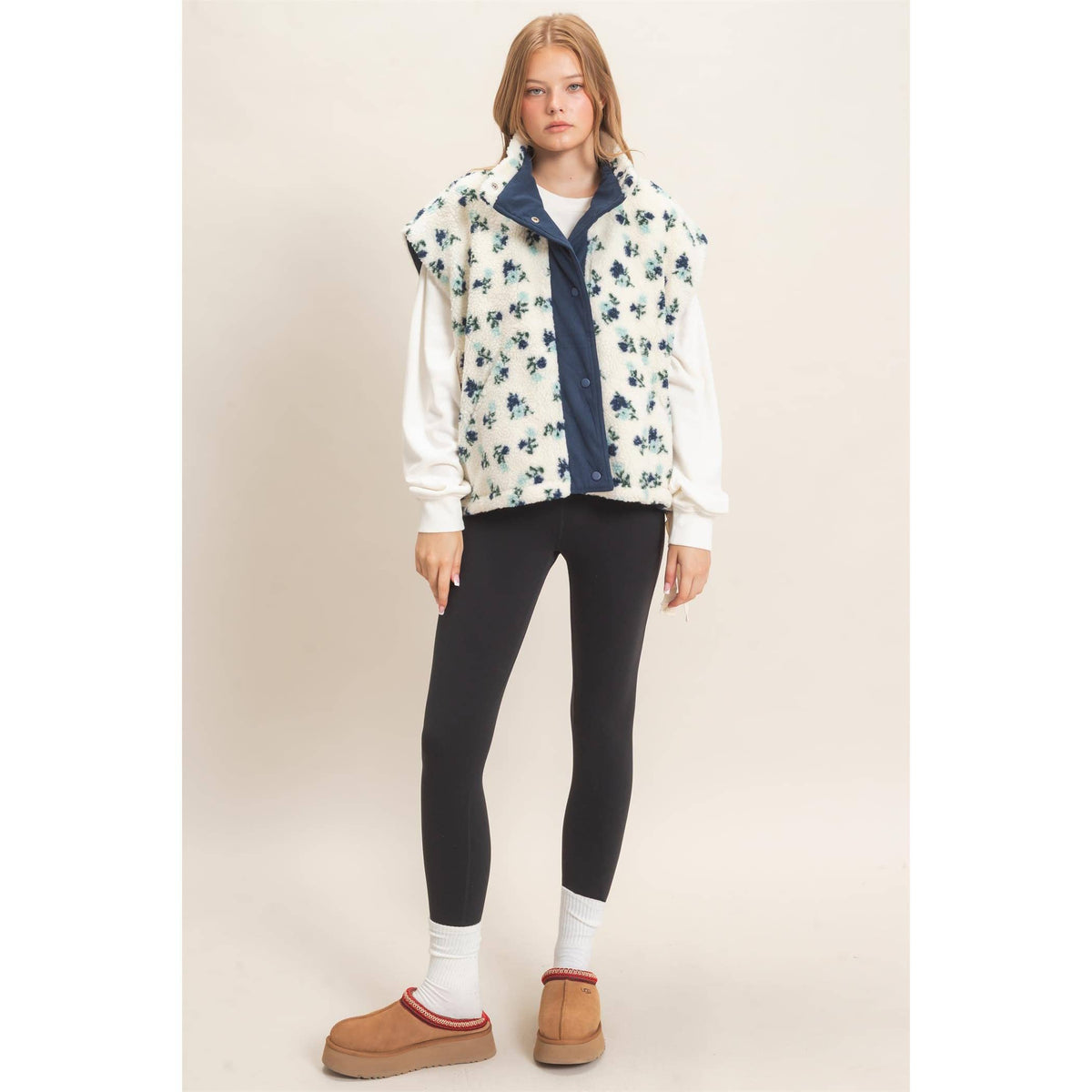 Floral Sherpa Corduroy Vest: Blue