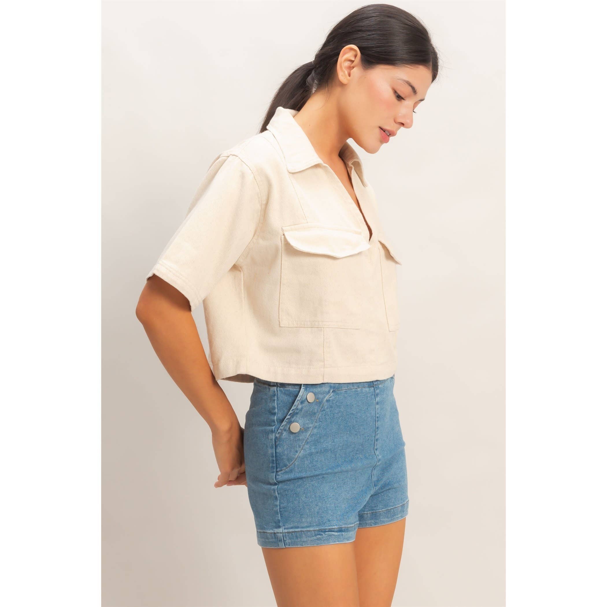 Collared V-Neck Top: Oatmeal