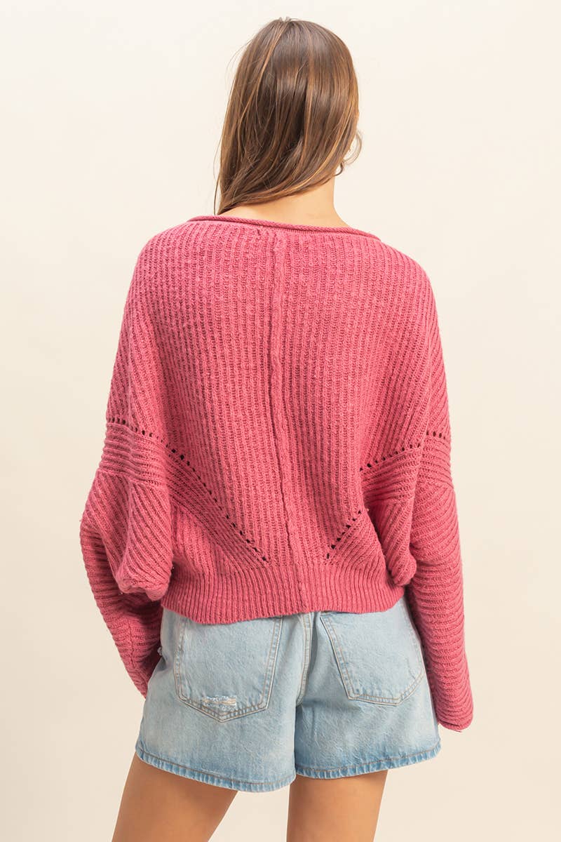 Ribbed Drop Sleeve Sweater:Rose