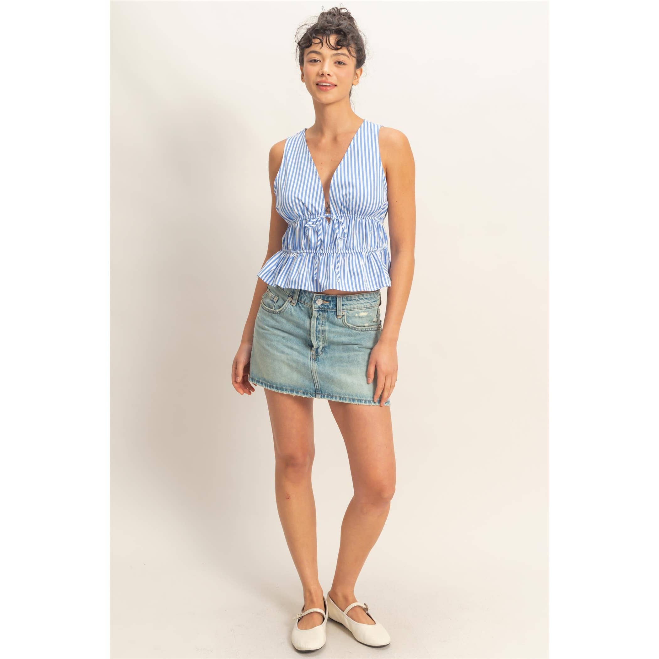 Tie Front Peplum Top: Blue