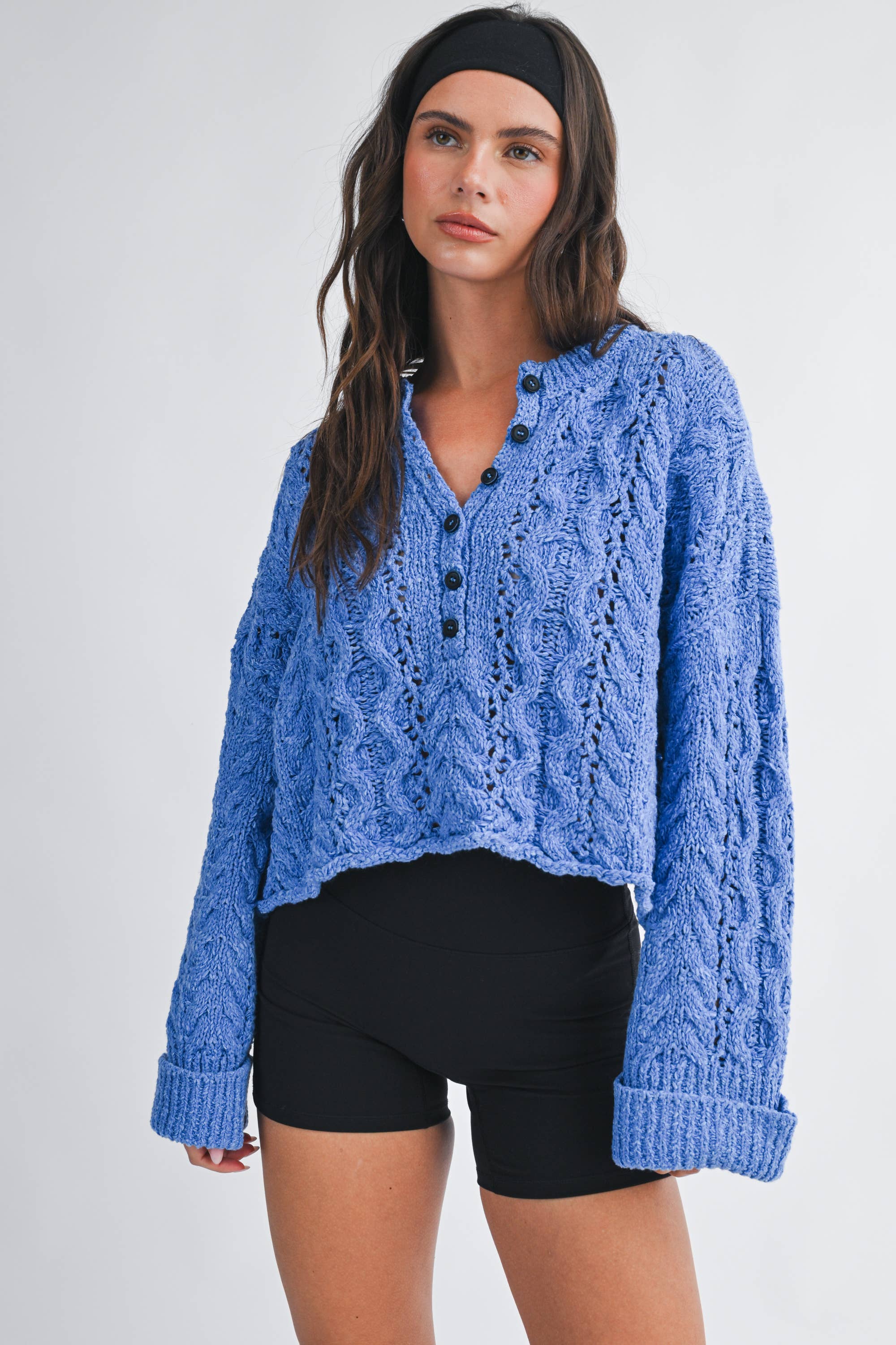Textured Henley Knit Sweater: Blue