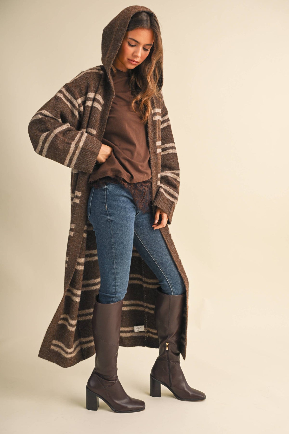 Striped Long Sweater Cardigan: Brown