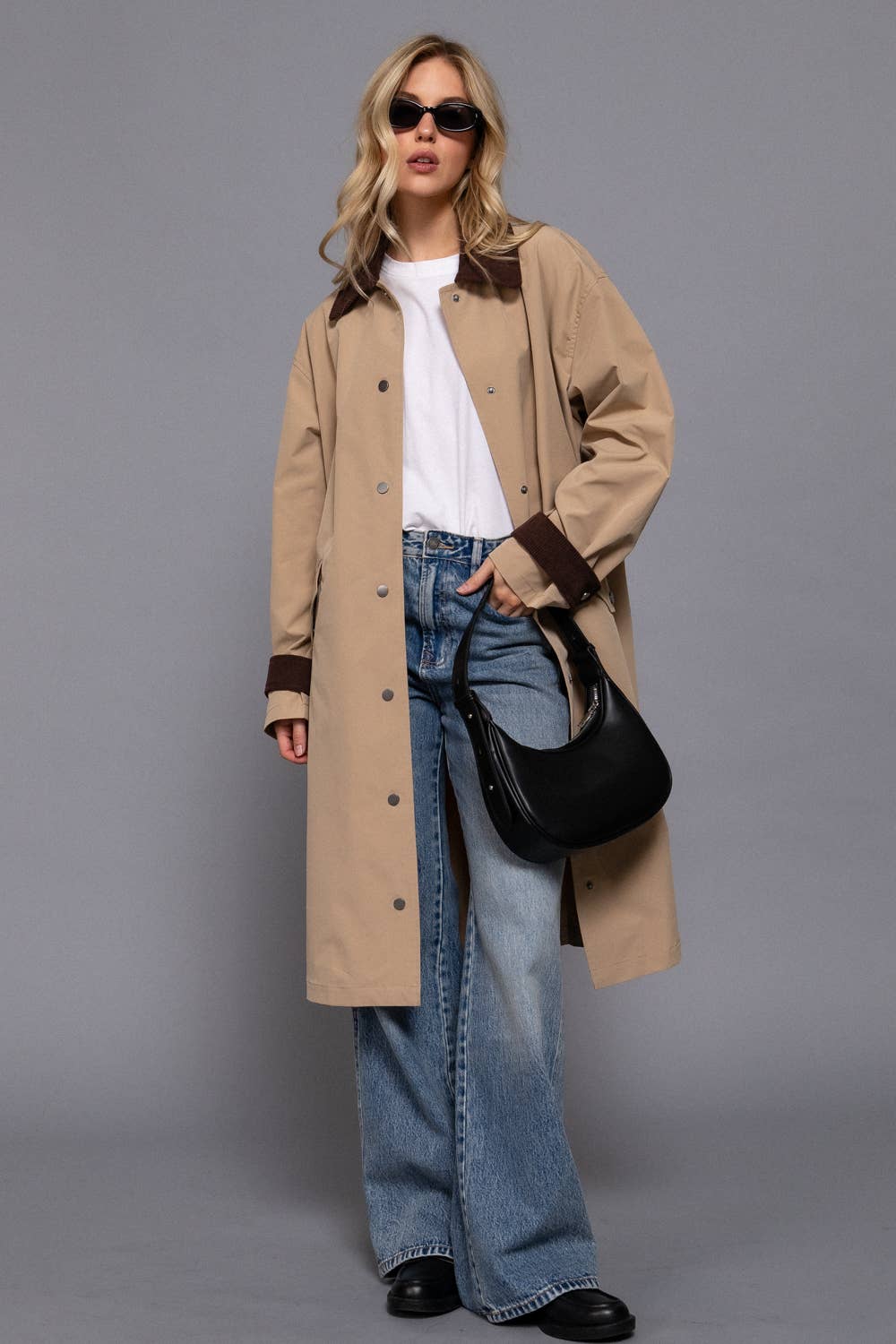 Contrast Collar Trench Coat: Khaki
