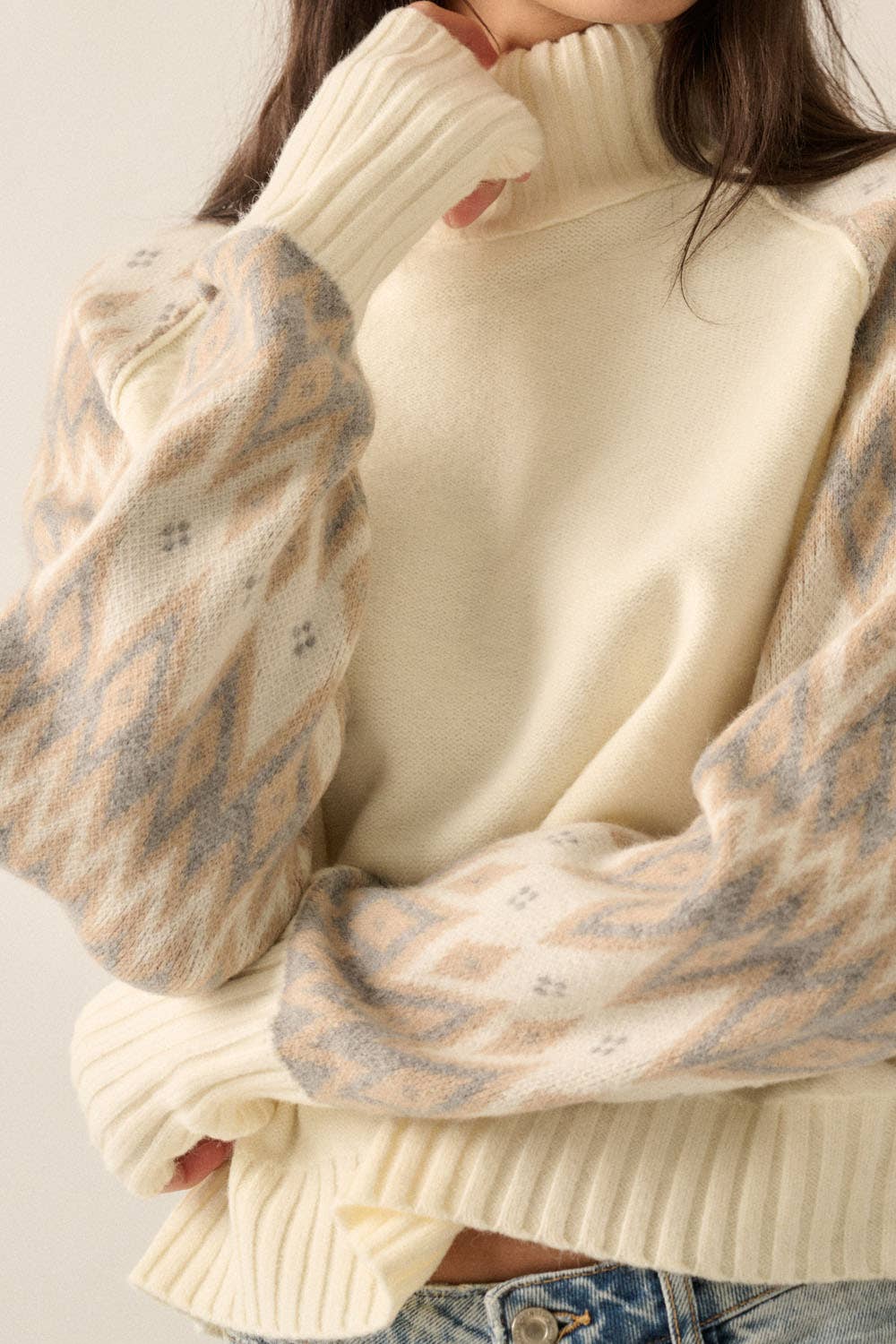 Knit Geo-Print Sweater: Cream