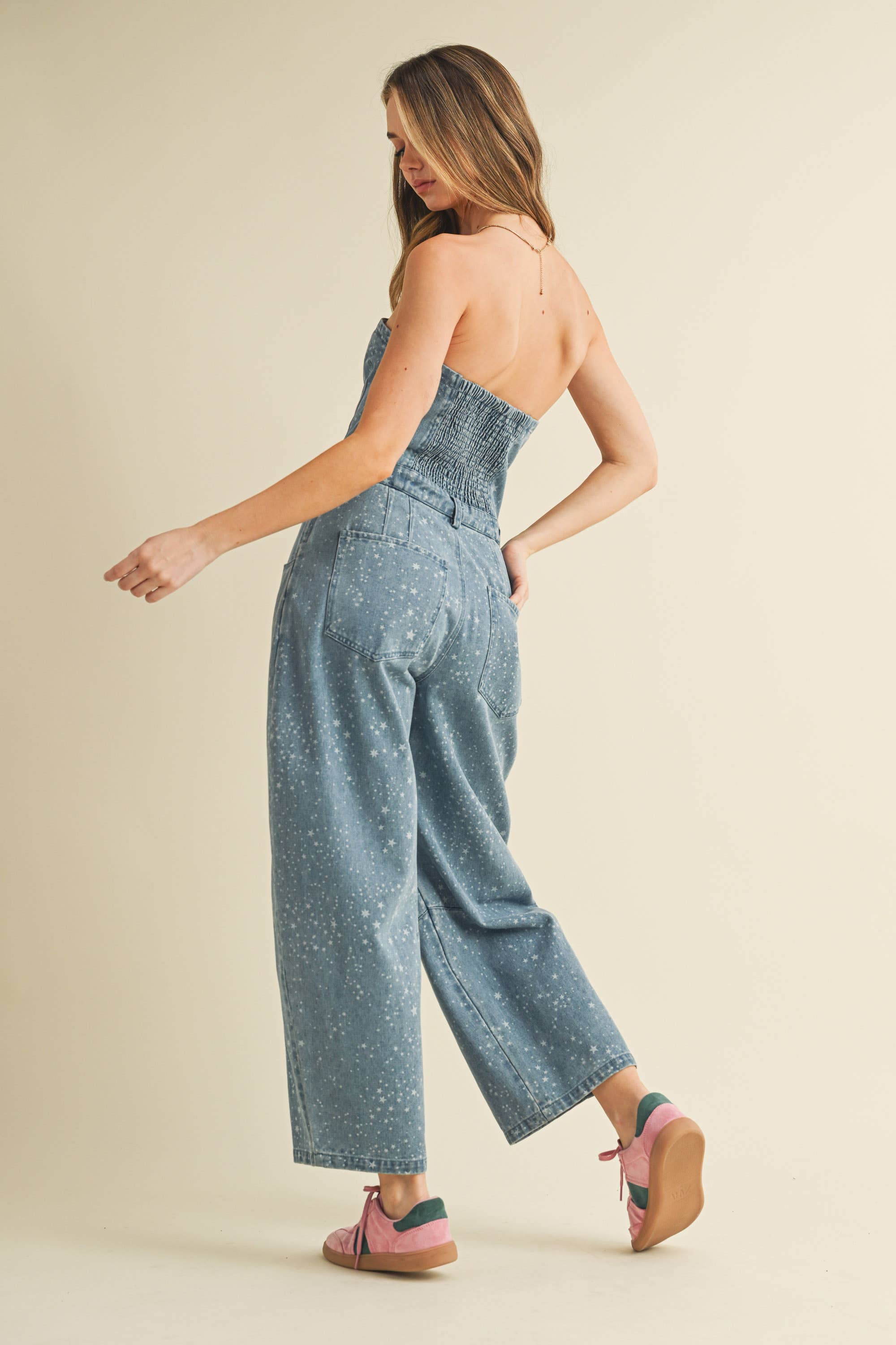 Star Print Barrel Jumpsuit: Denim