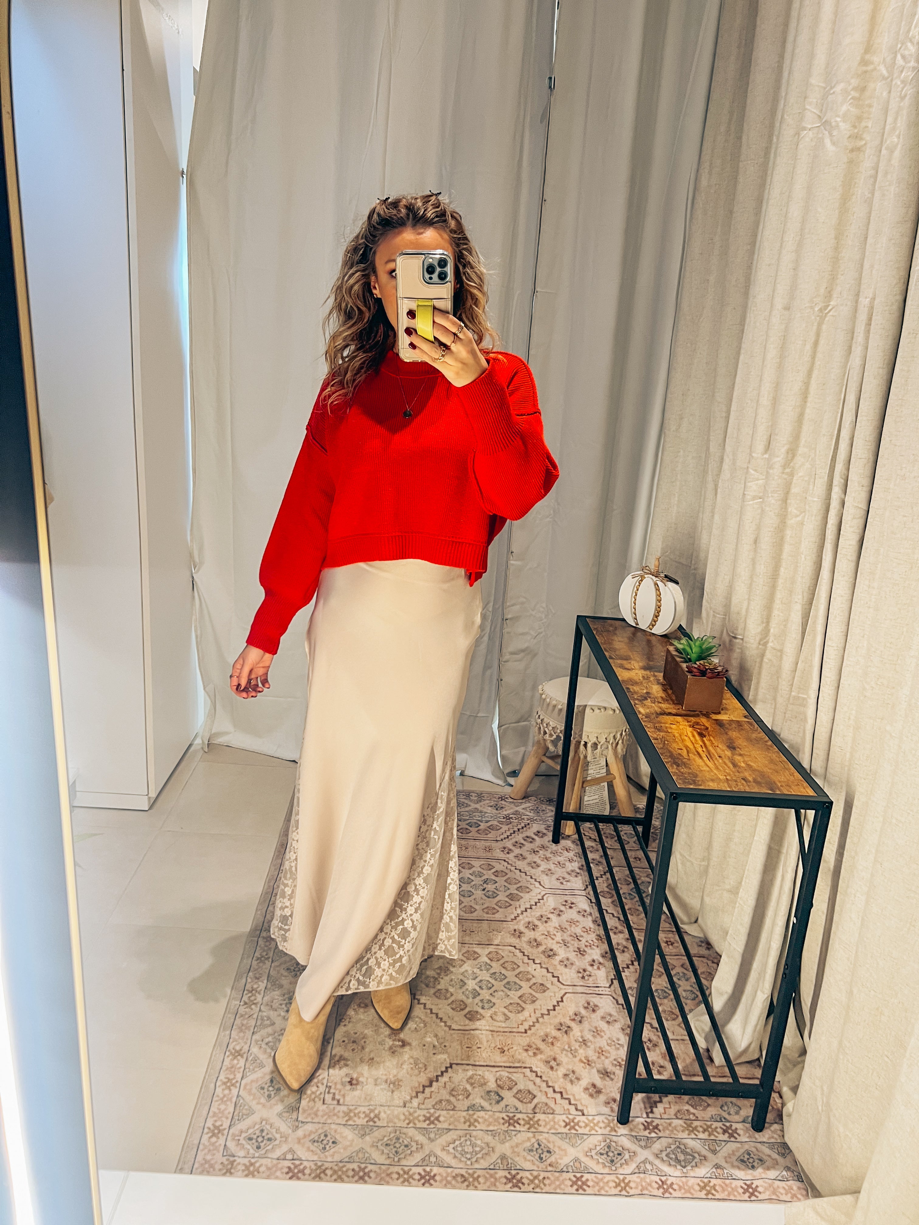 Lace Satin Midi Skirt: Pearl