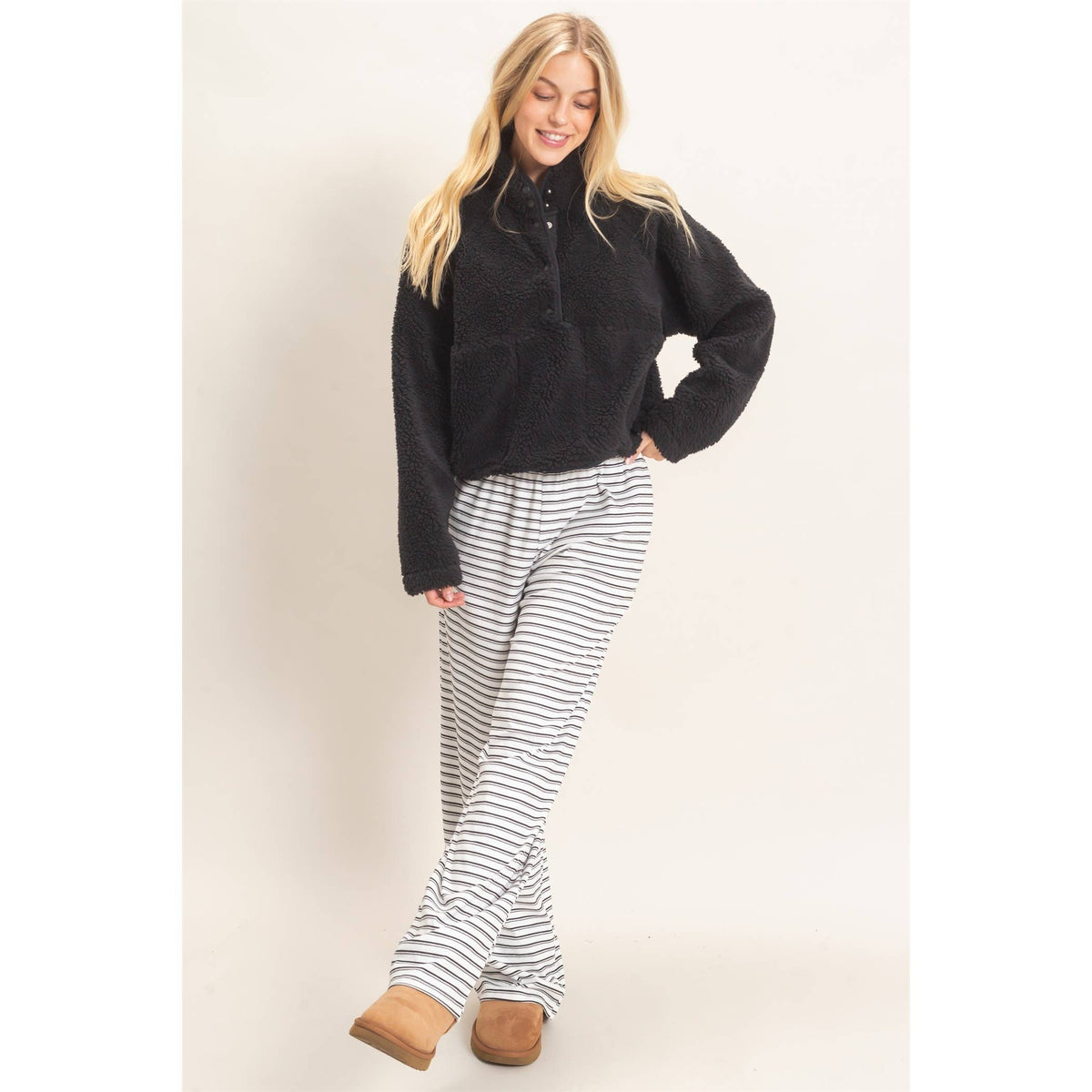 Striped Elastic Waist Pants: White