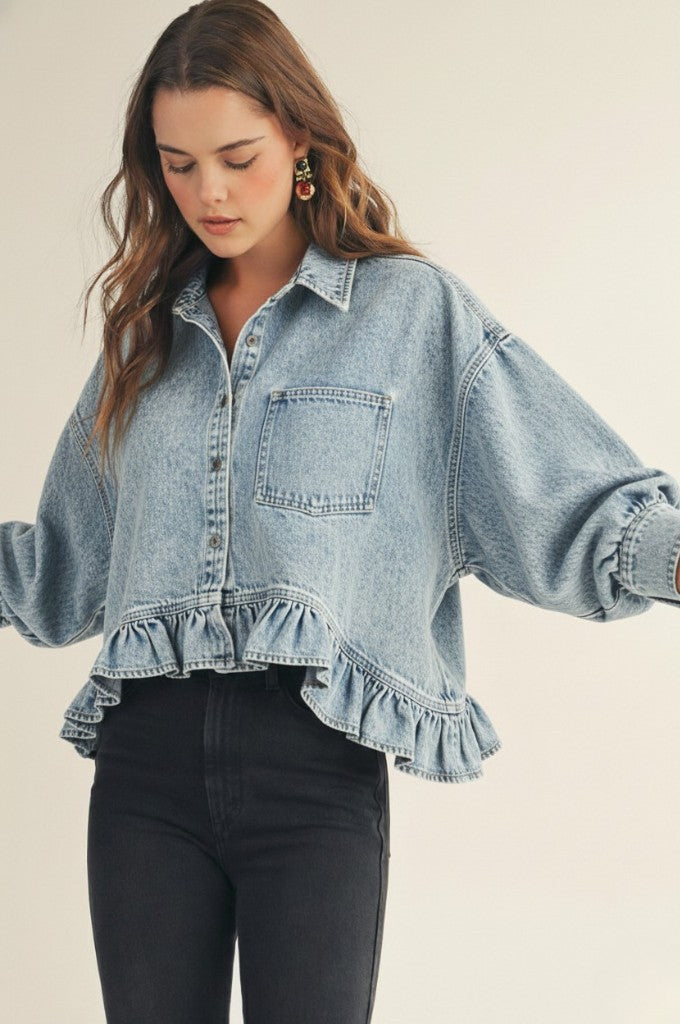 Washed Denim Ruffled Top: