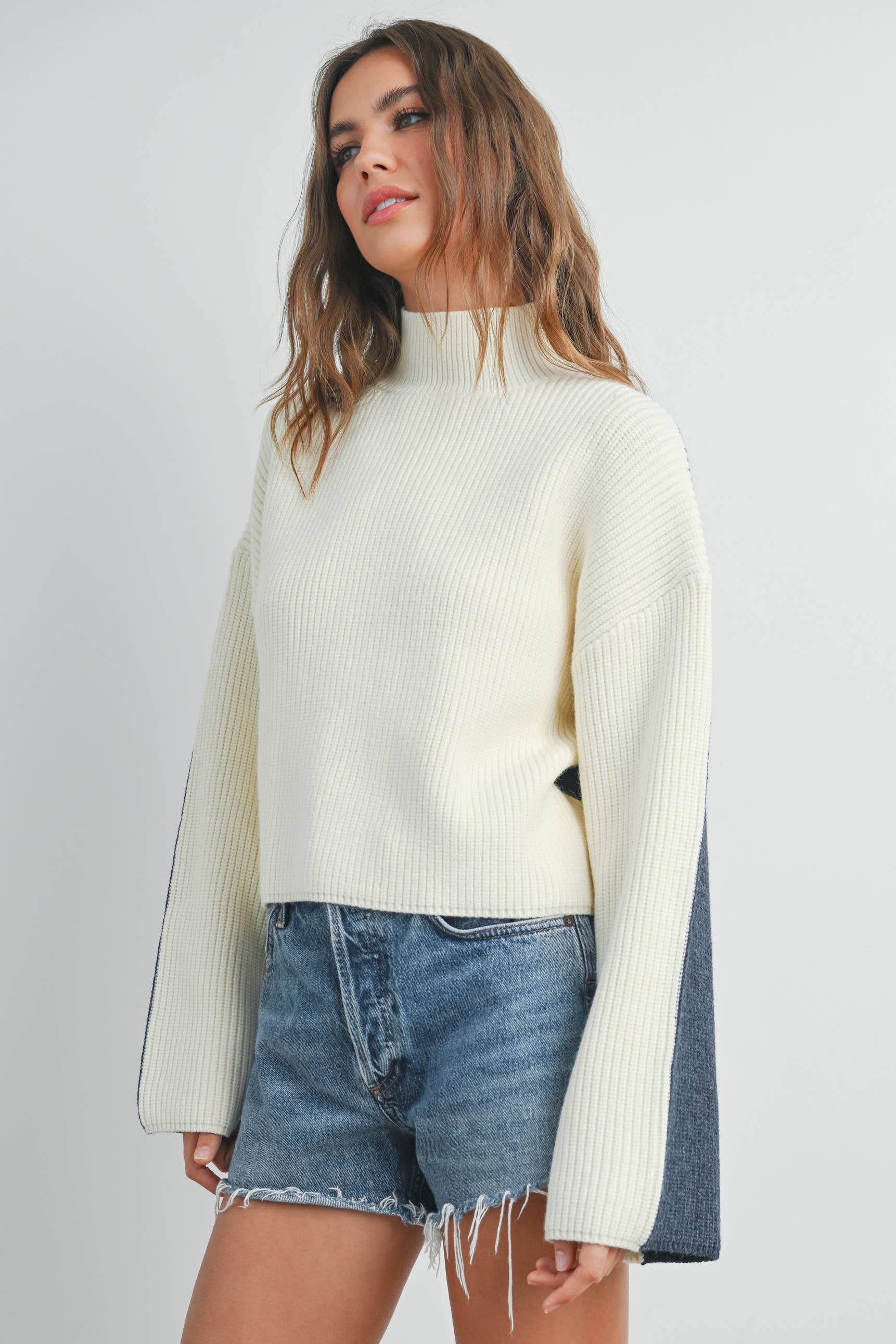 Two-Toned Turtleneck:Ivory/Blue