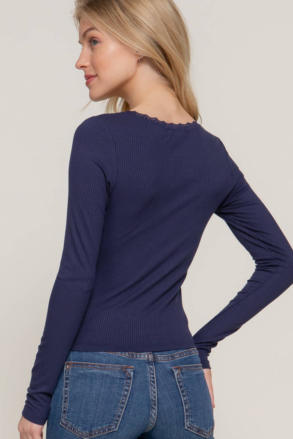Lace Trim Rib Knit Top: Navy