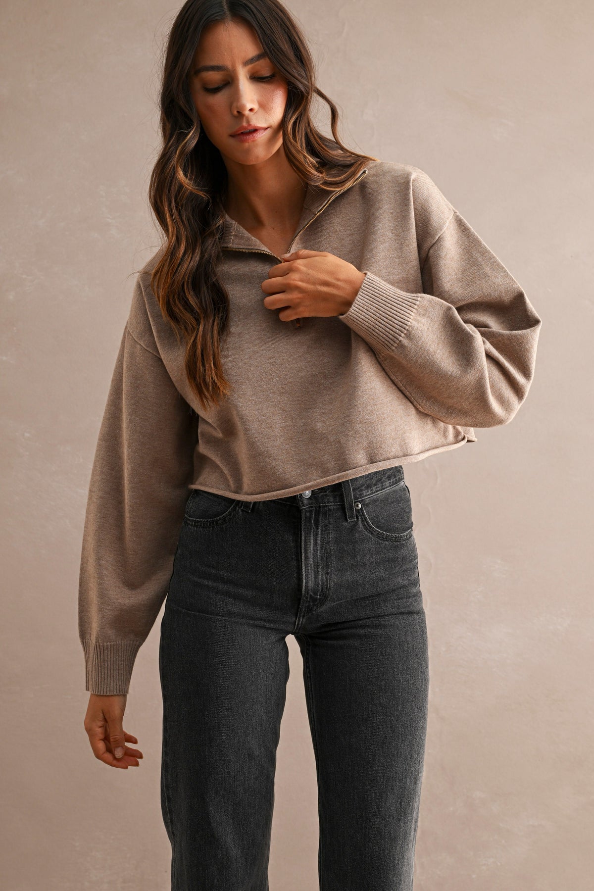 Half-Zip Cropped Sweater: Lt. Mocha