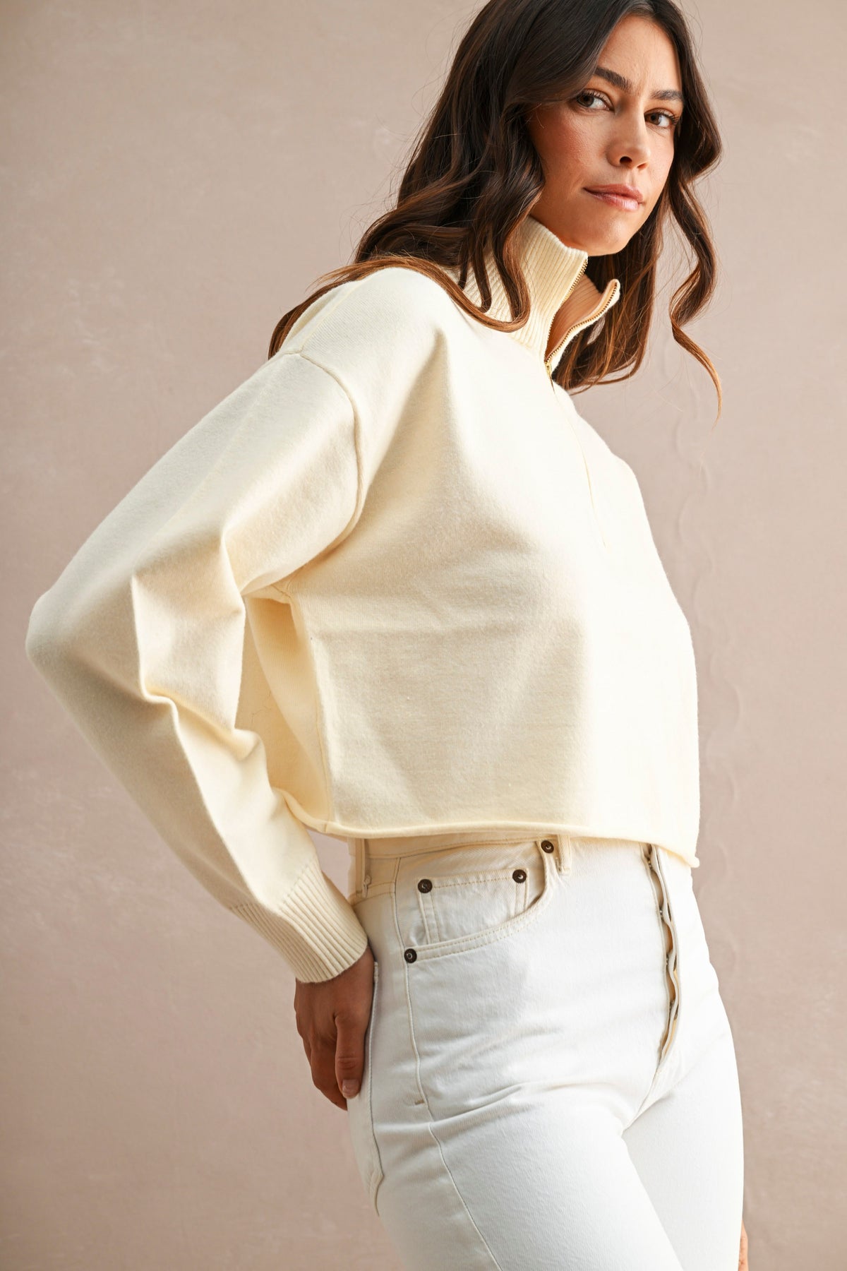 Half-Zip Cropped Sweater: Cream