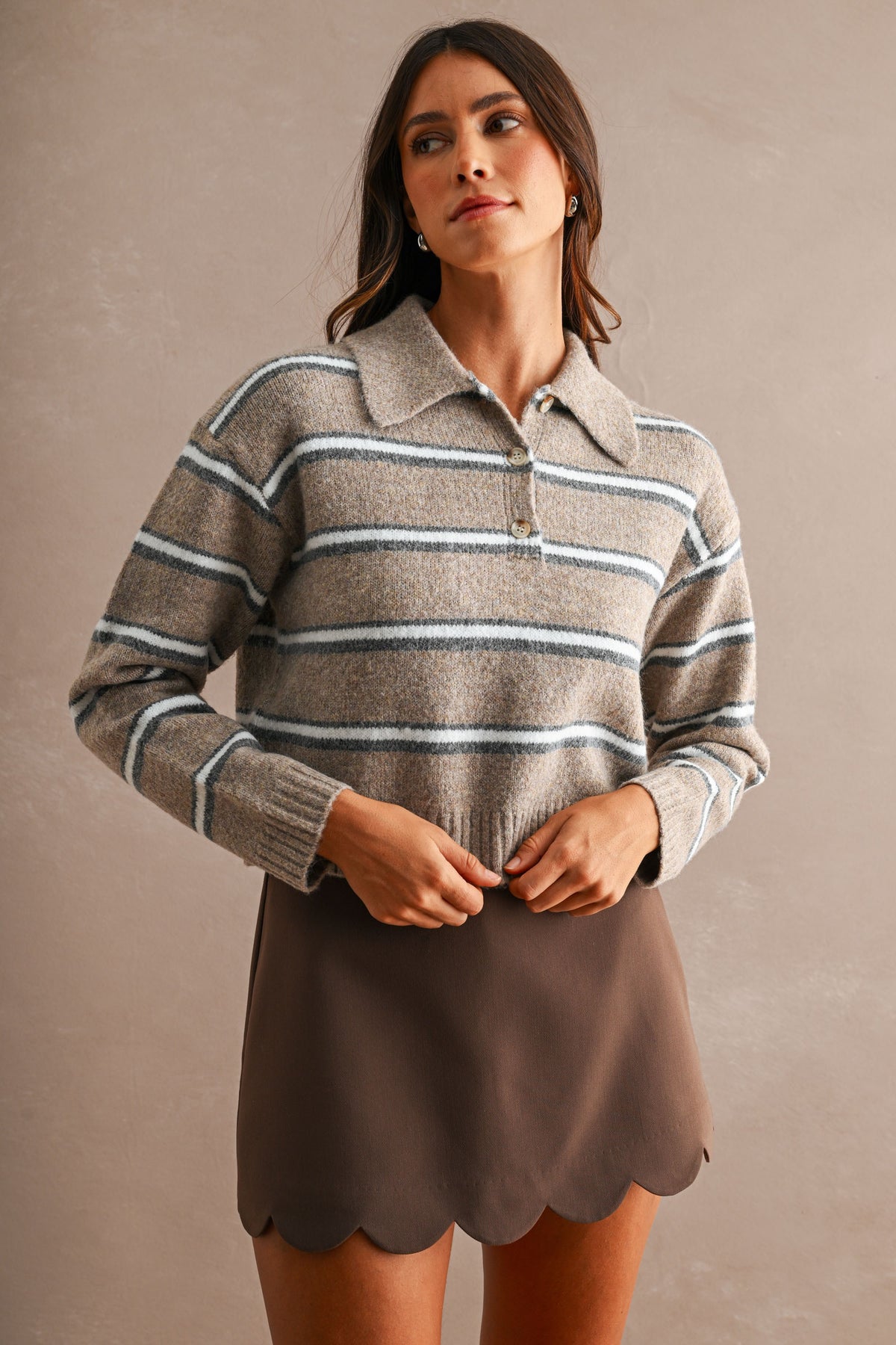 Stripe Collared Sweater: Mocha