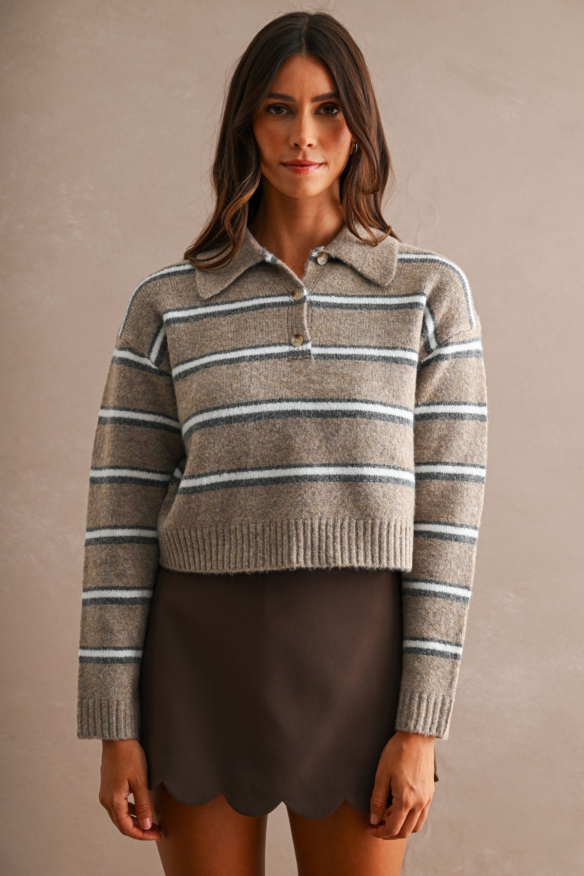 Stripe Collared Sweater: Mocha