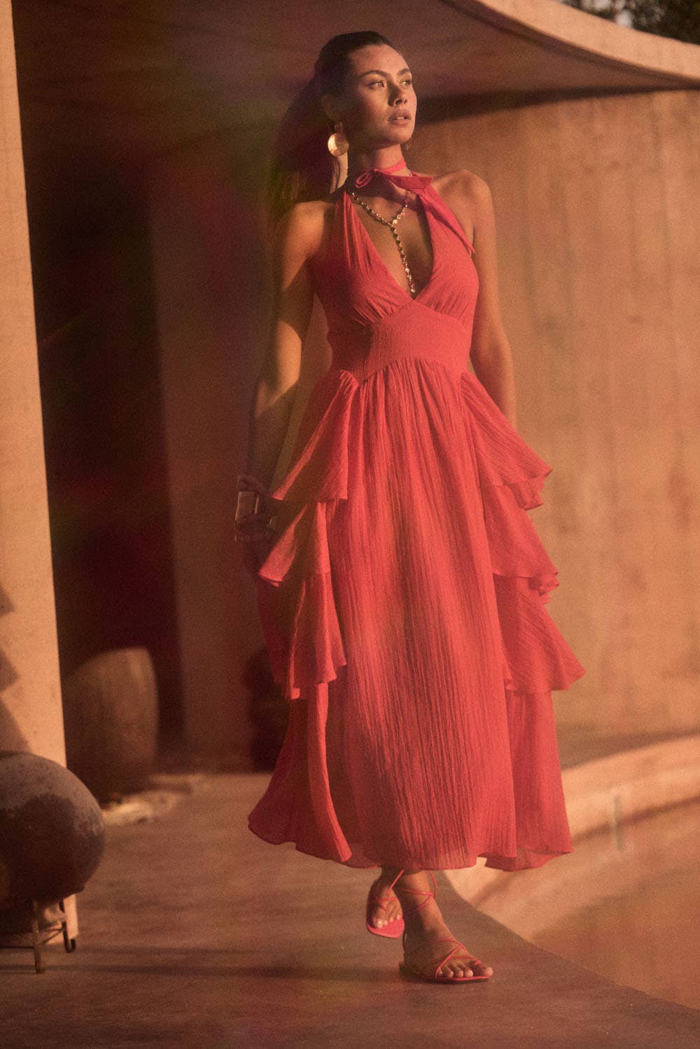 Ruffle Halter Maxi Dress: Cherry Tomato