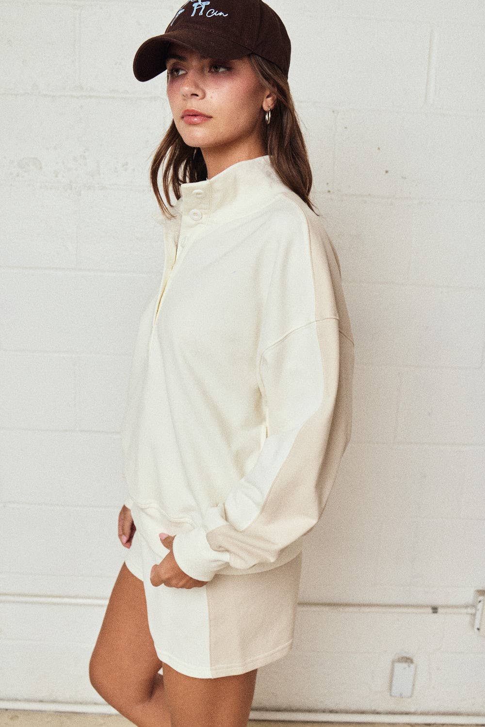 Mock Neck Color Block Set: Taupe