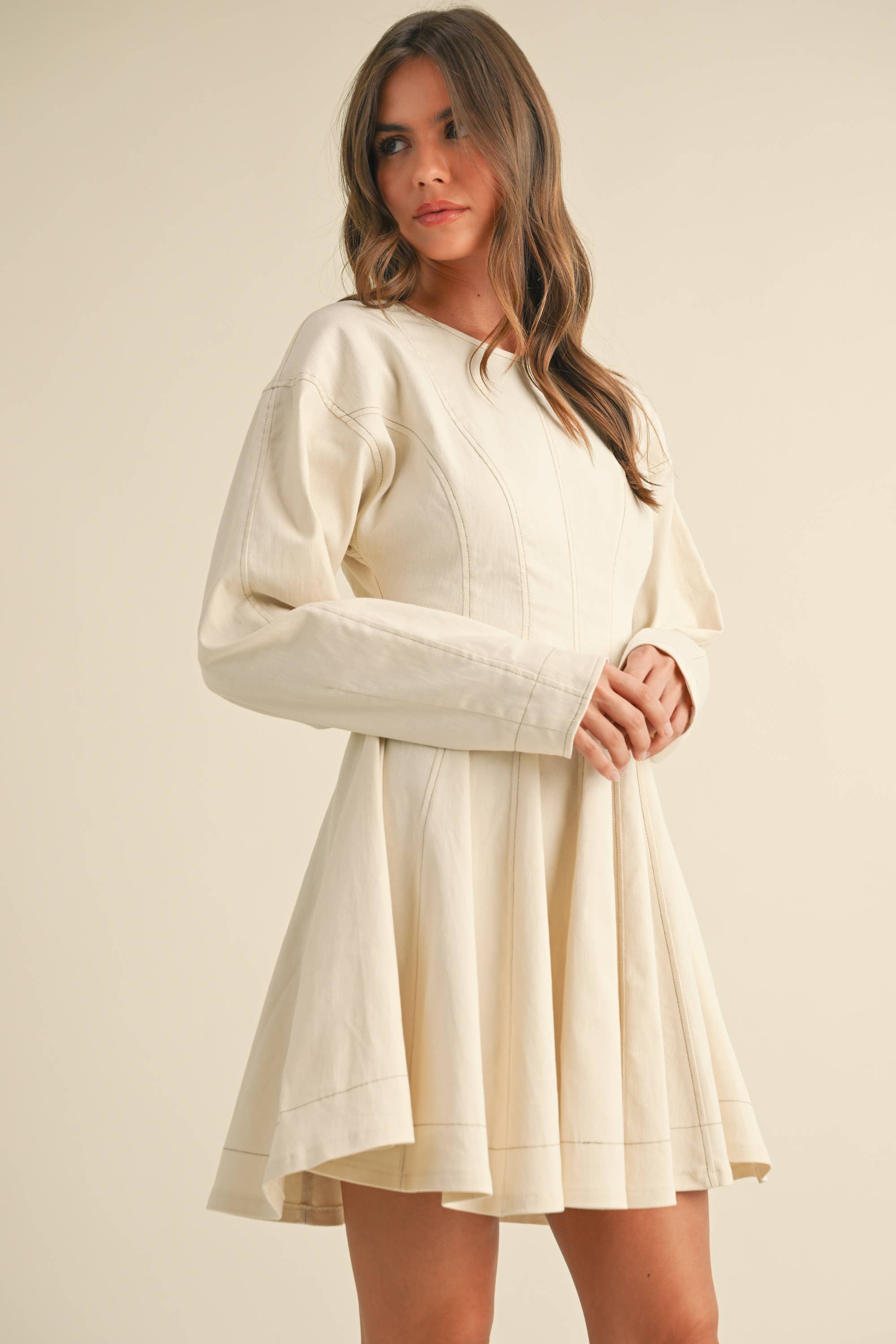 Flared Denim Mini Dress: Cream