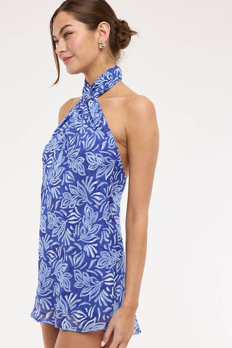 Blue Willow Leaf Mini Dress: