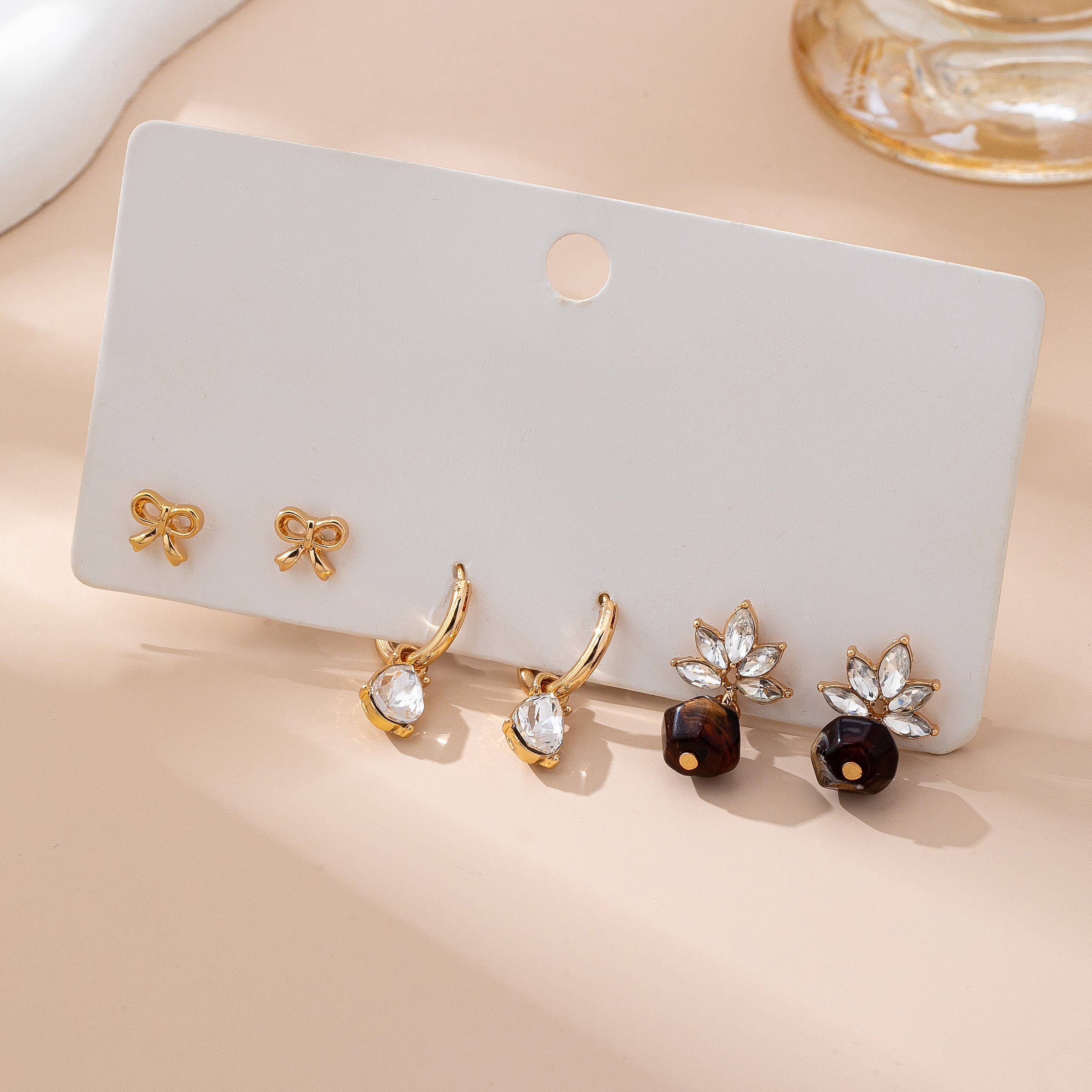 Trio Floral & Drop Earring Set: Gold