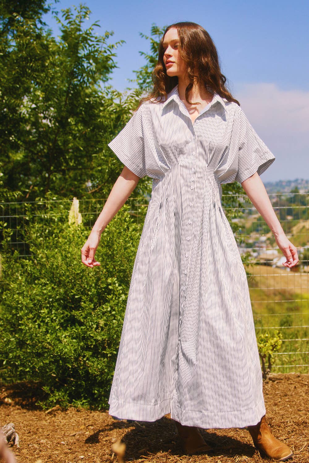 Pin-stripe Midi Dress:Ivory/Black