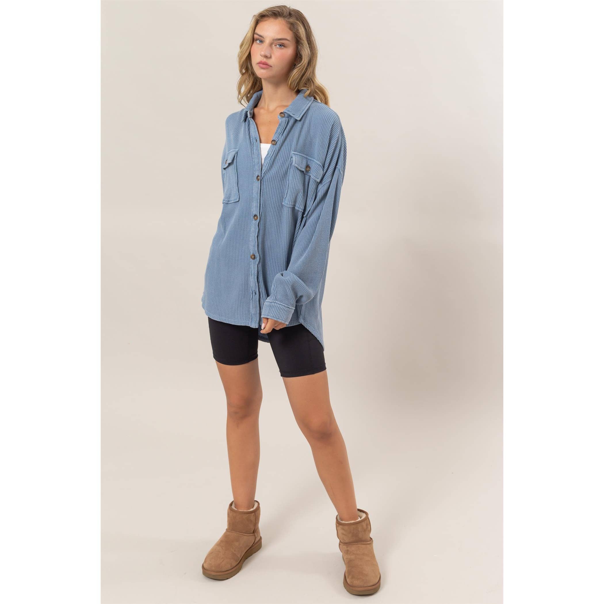 Waffle Shacket: Gray Blue