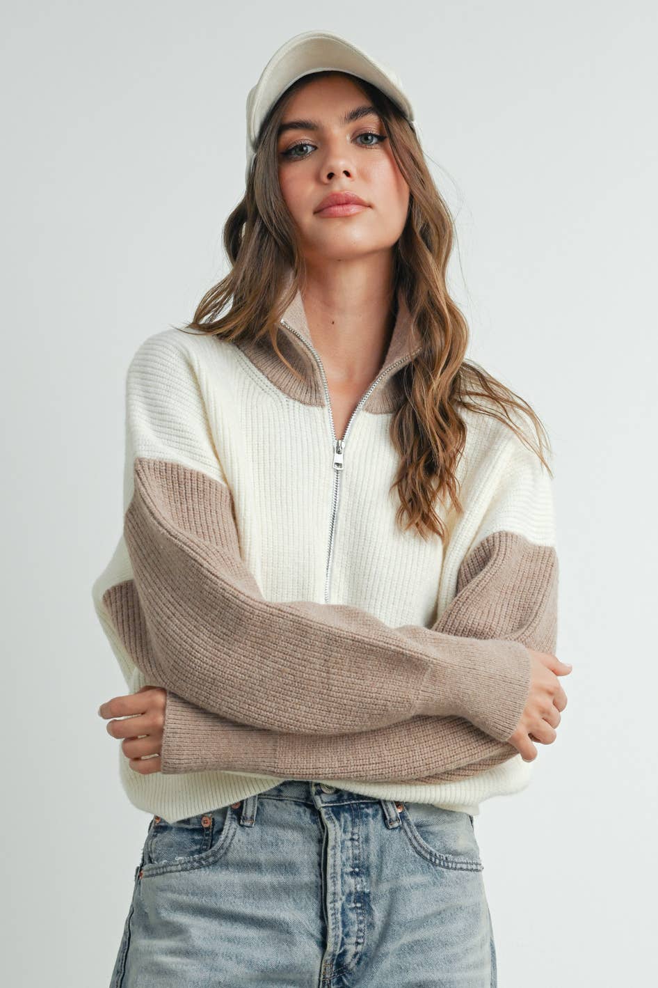Color Block Pullover-Ivory/Taupe