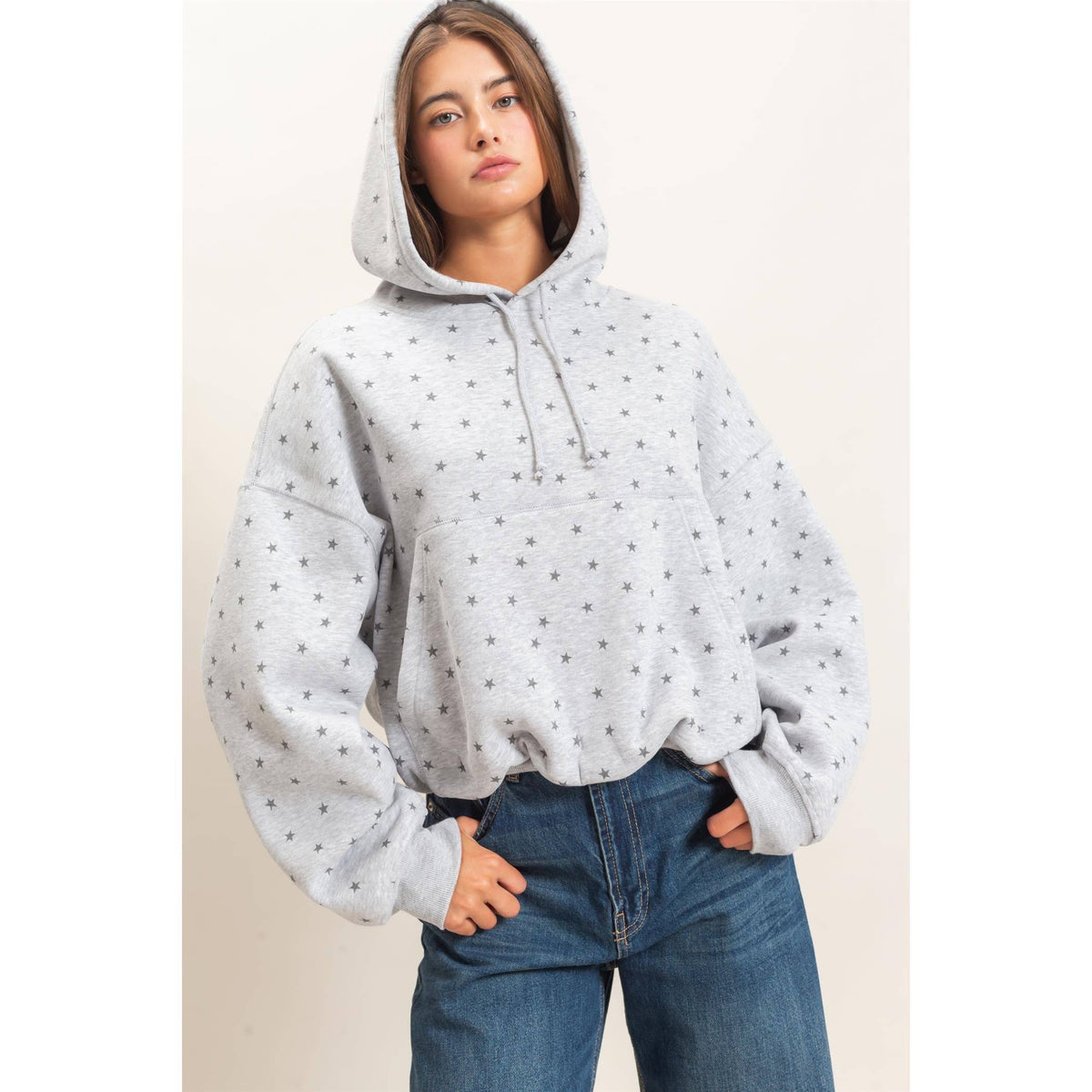 Star Print Bubble Hoodie: H. Gray