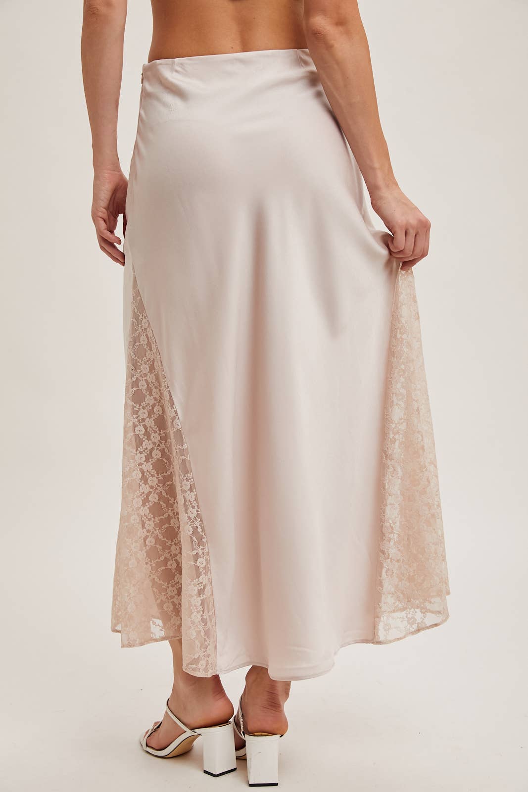 Lace Satin Midi Skirt: Pearl
