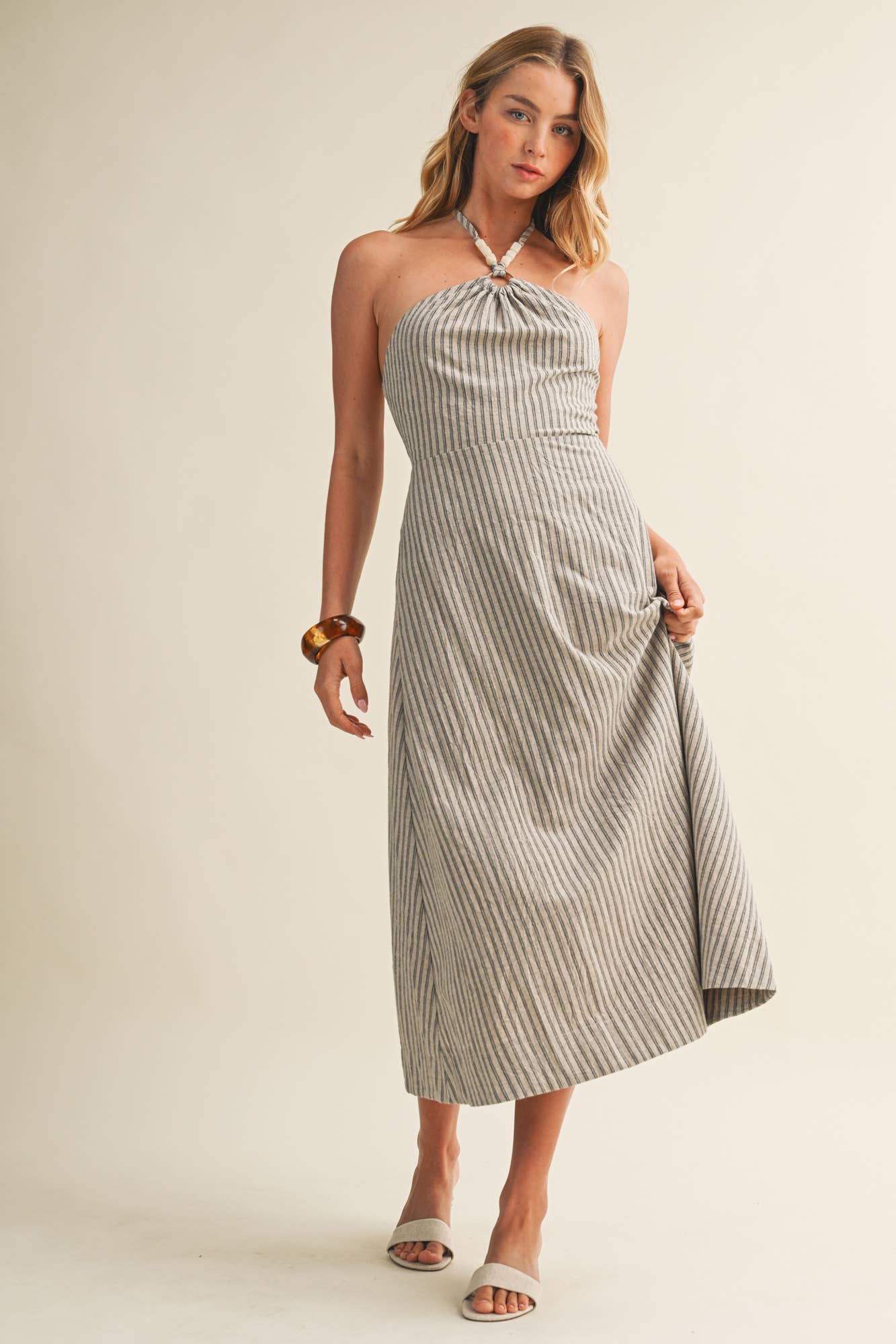 Ring Detail Striped Halter Dress
