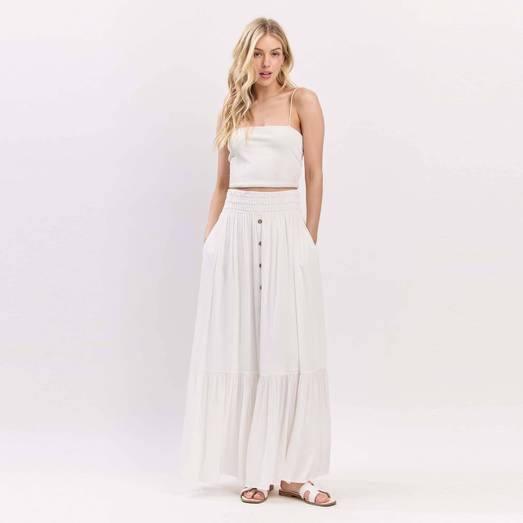 Ruffled Waist Maxi Skirt: Ivory