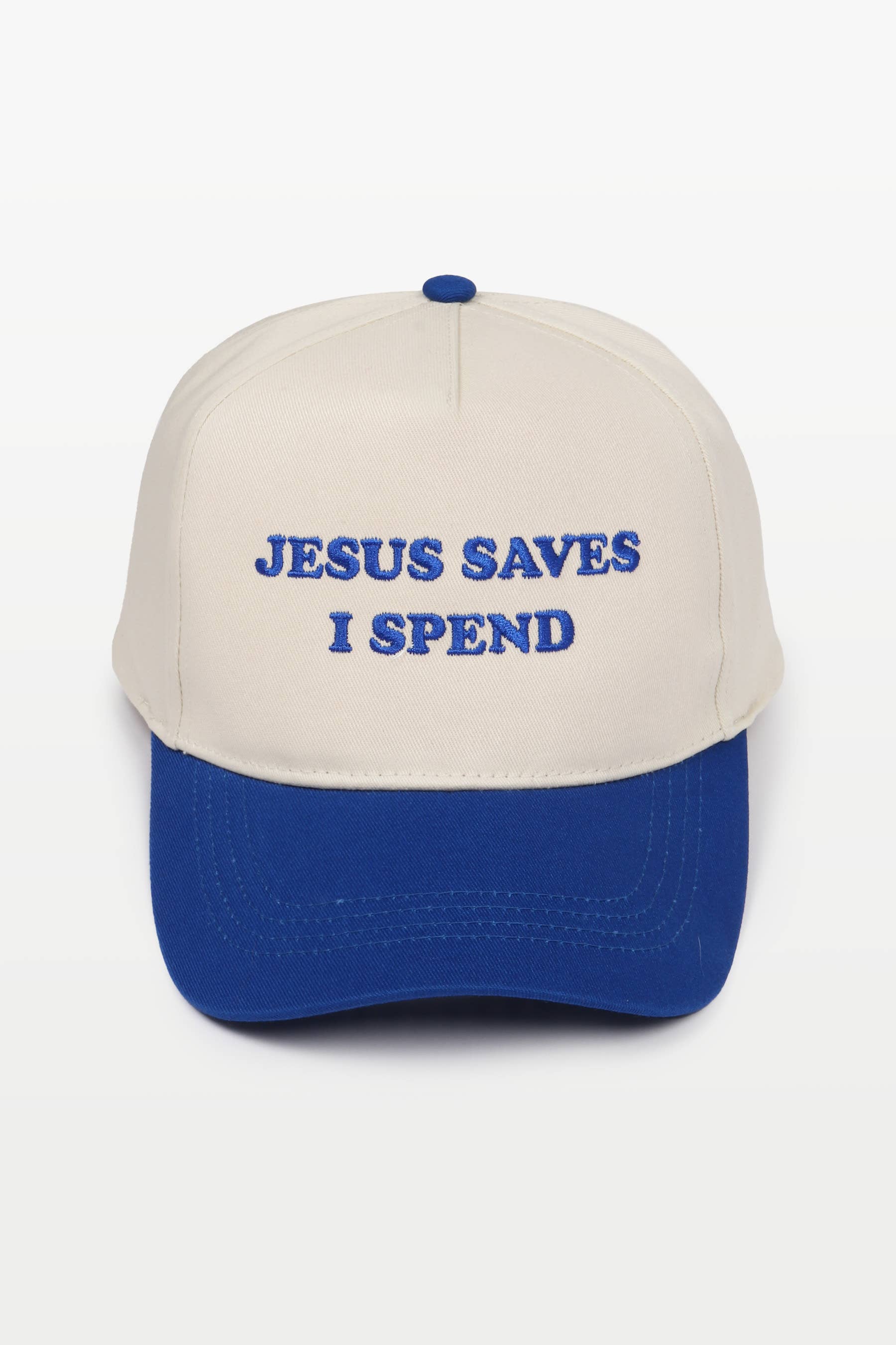 Jesus Saves I Spend Hat: Cobalt