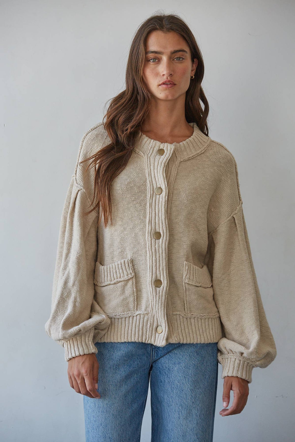 Knit Balloon Sleeve Cardigan: Sand