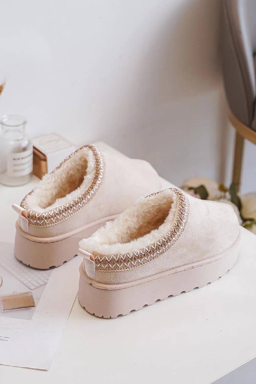 Fur Lined Slip Ons: Beige